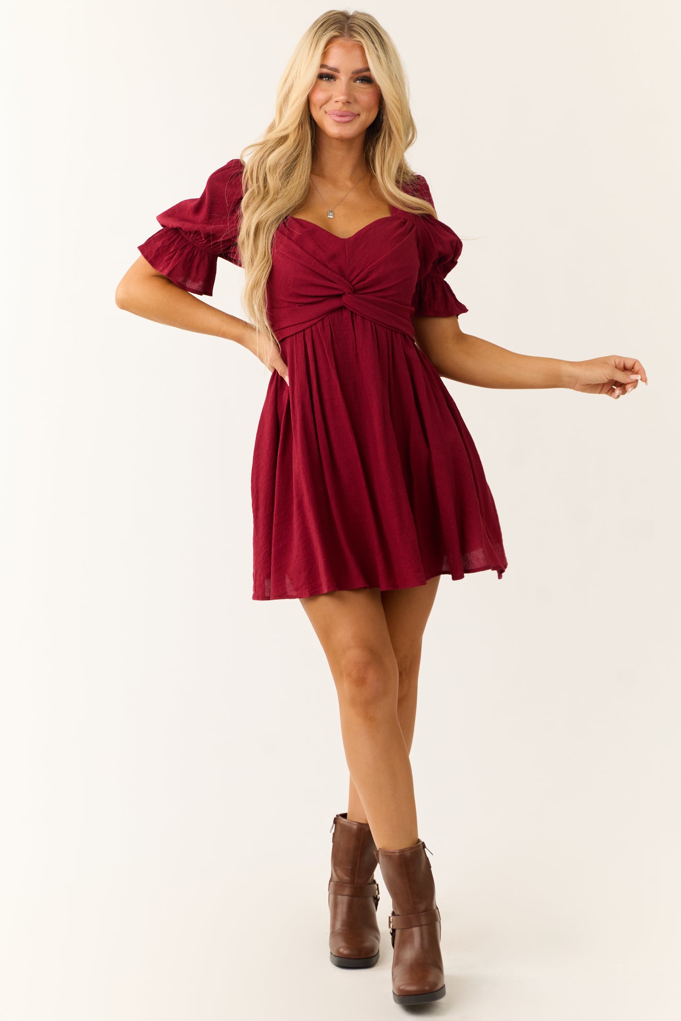 Wine Half Puff Sleeve Short Dress with Waist Tie