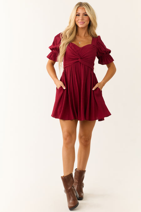 Wine Half Puff Sleeve Short Dress with Waist Tie