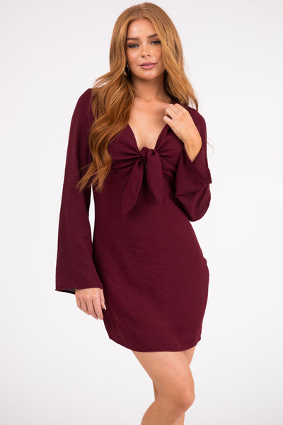 Wine Long Flare Sleeve Front Tie Mini Dress