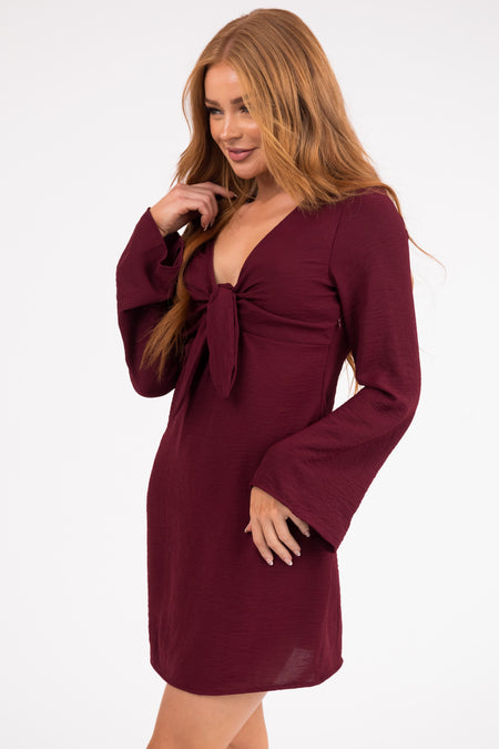 Wine Long Flare Sleeve Front Tie Mini Dress