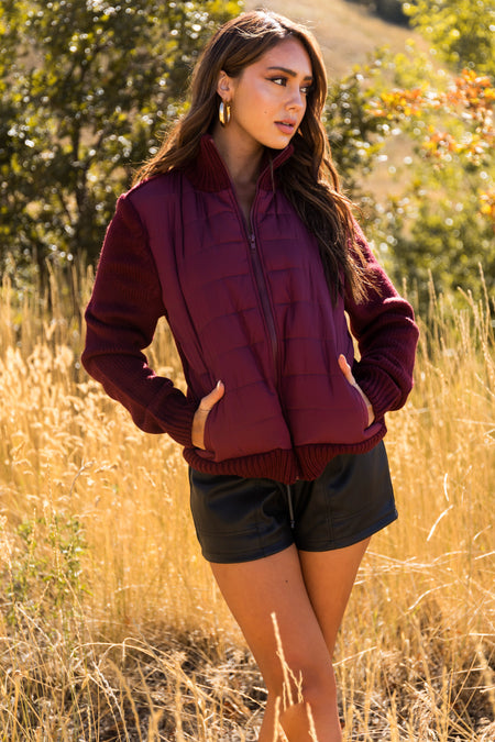 Wine Long Sleeve Hybrid Sweater Jacket