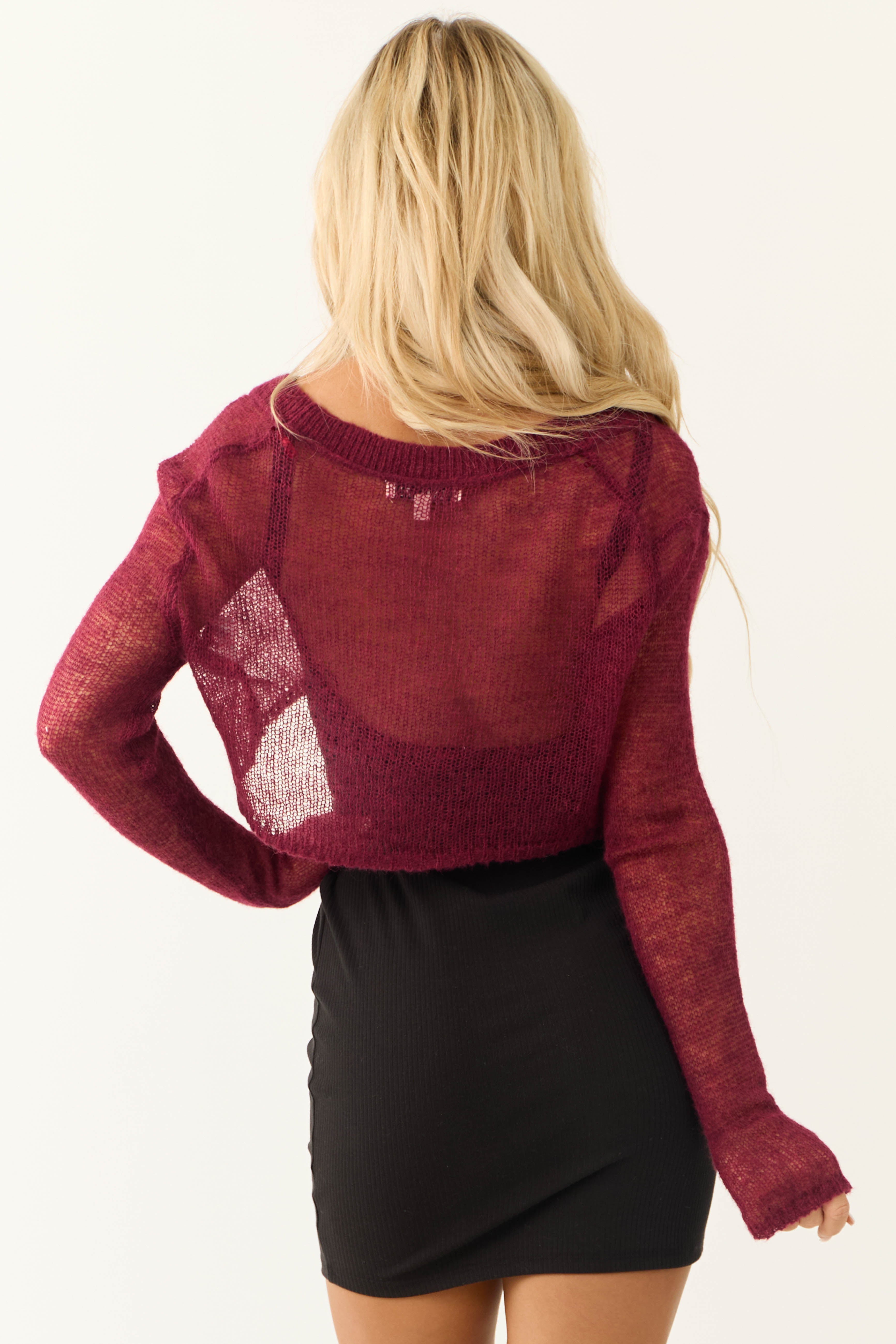 Wine Open Knit Cropped Cardigan