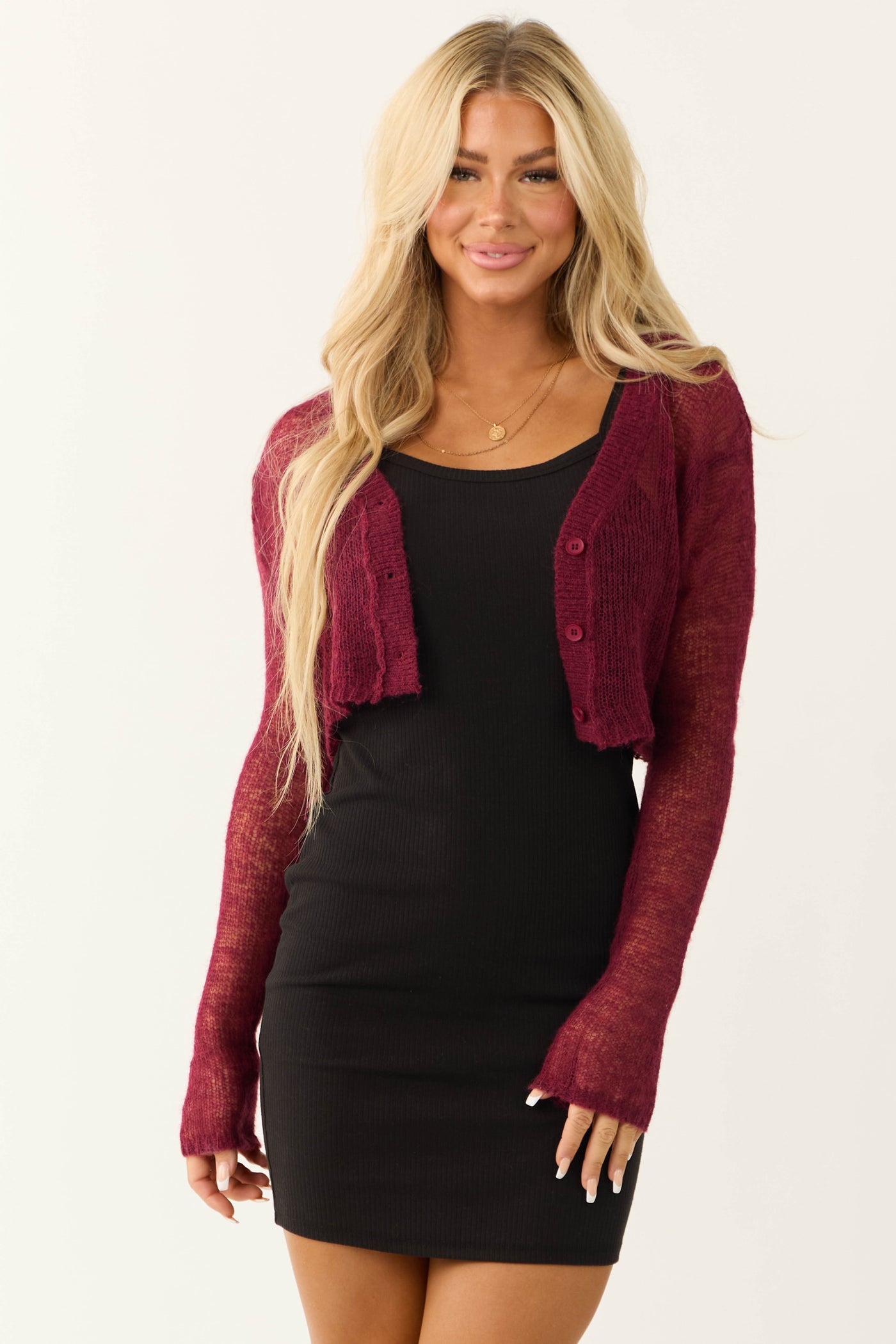 Wine Open Knit Cropped Cardigan