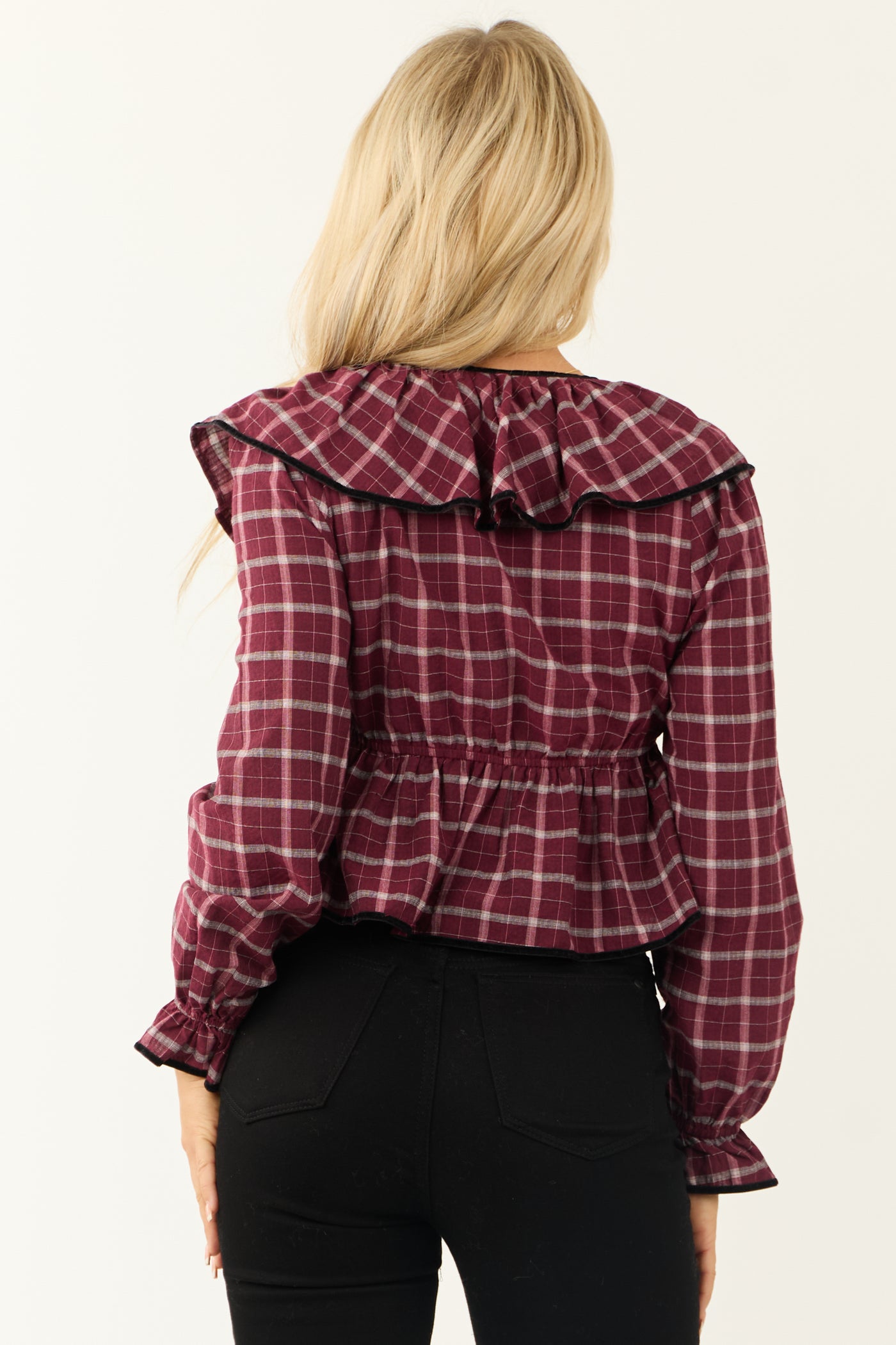 Wine Plaid V Neck Velvet Trim Long Sleeve Top