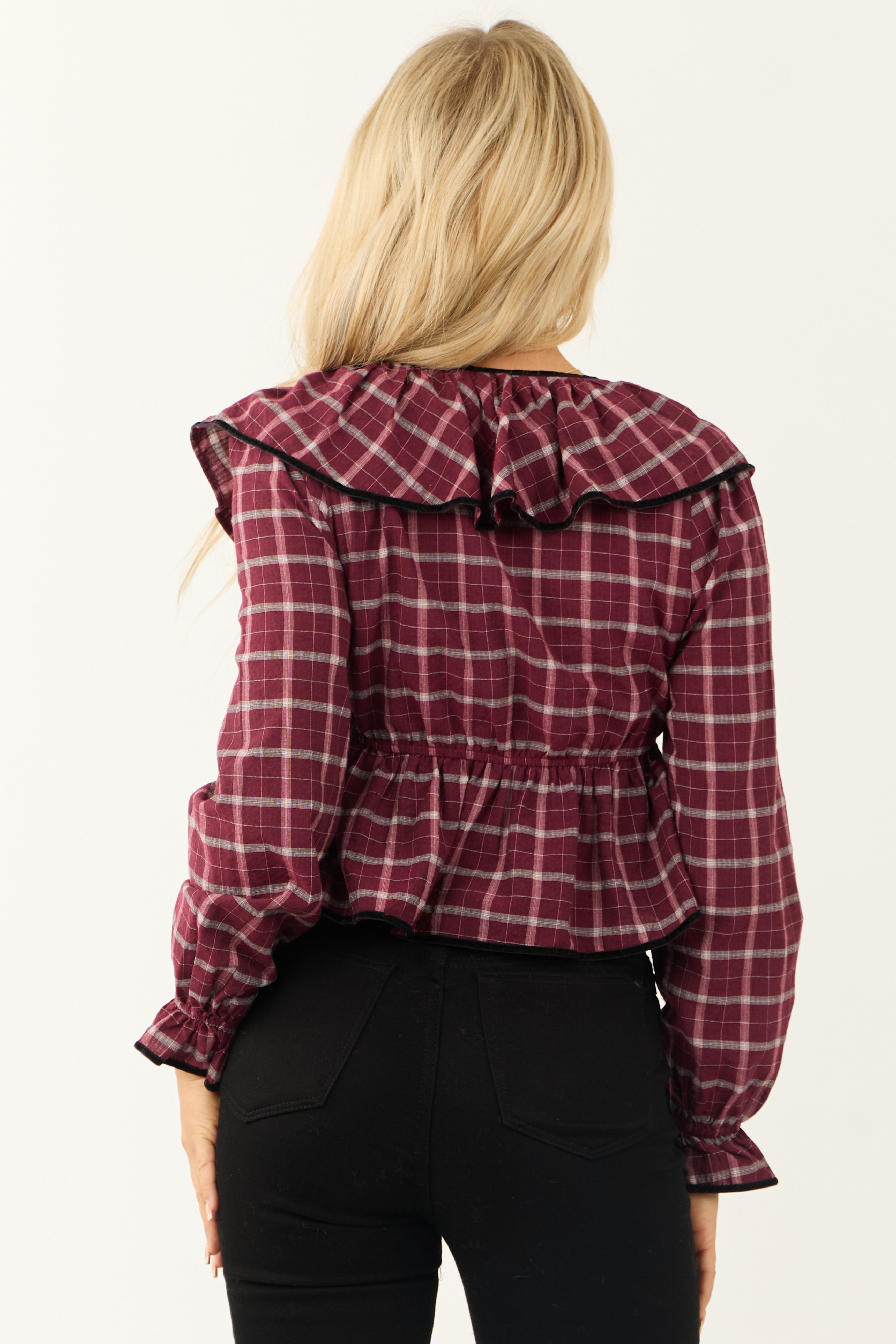 Wine Plaid V Neck Velvet Trim Long Sleeve Top