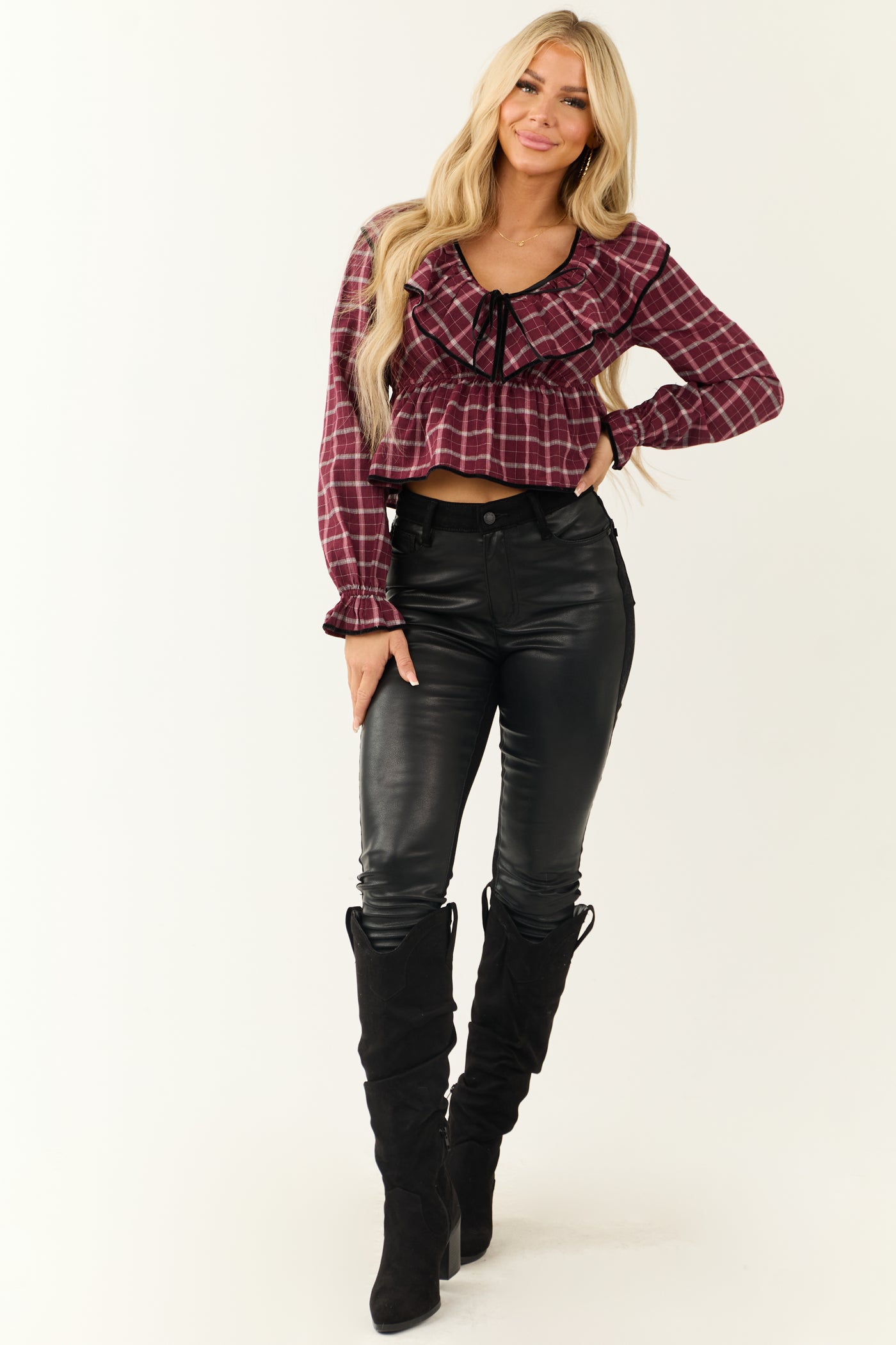 Wine Plaid V Neck Velvet Trim Long Sleeve Top