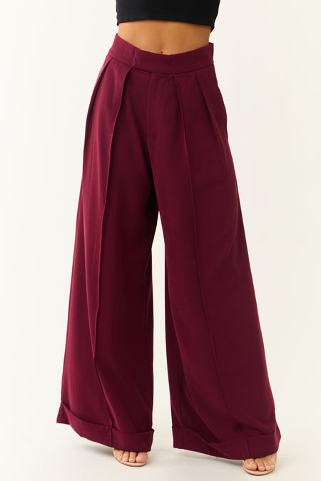 Wine Pleated High Waist Super Wide Leg Pants