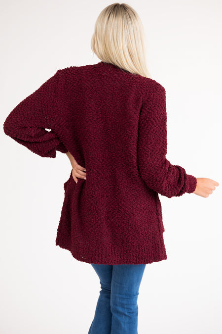 Wine Popcorn Knit Open Front Cardigan