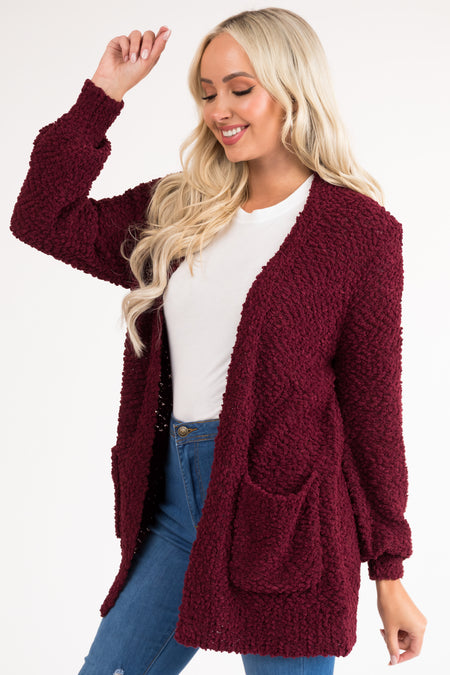 Wine Popcorn Knit Open Front Cardigan