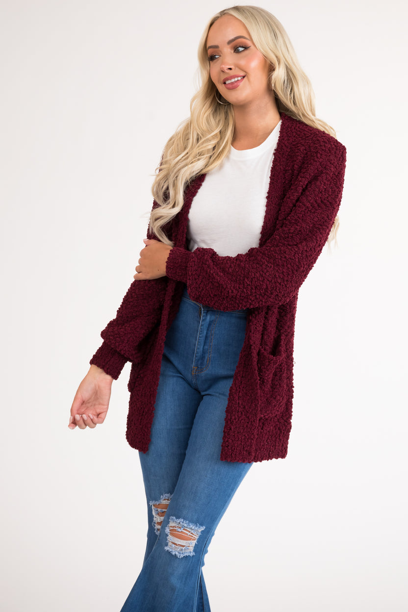 Wine Popcorn Knit Open Front Cardigan