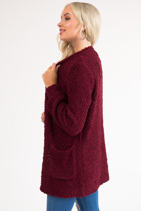 Wine Popcorn Knit Open Front Cardigan