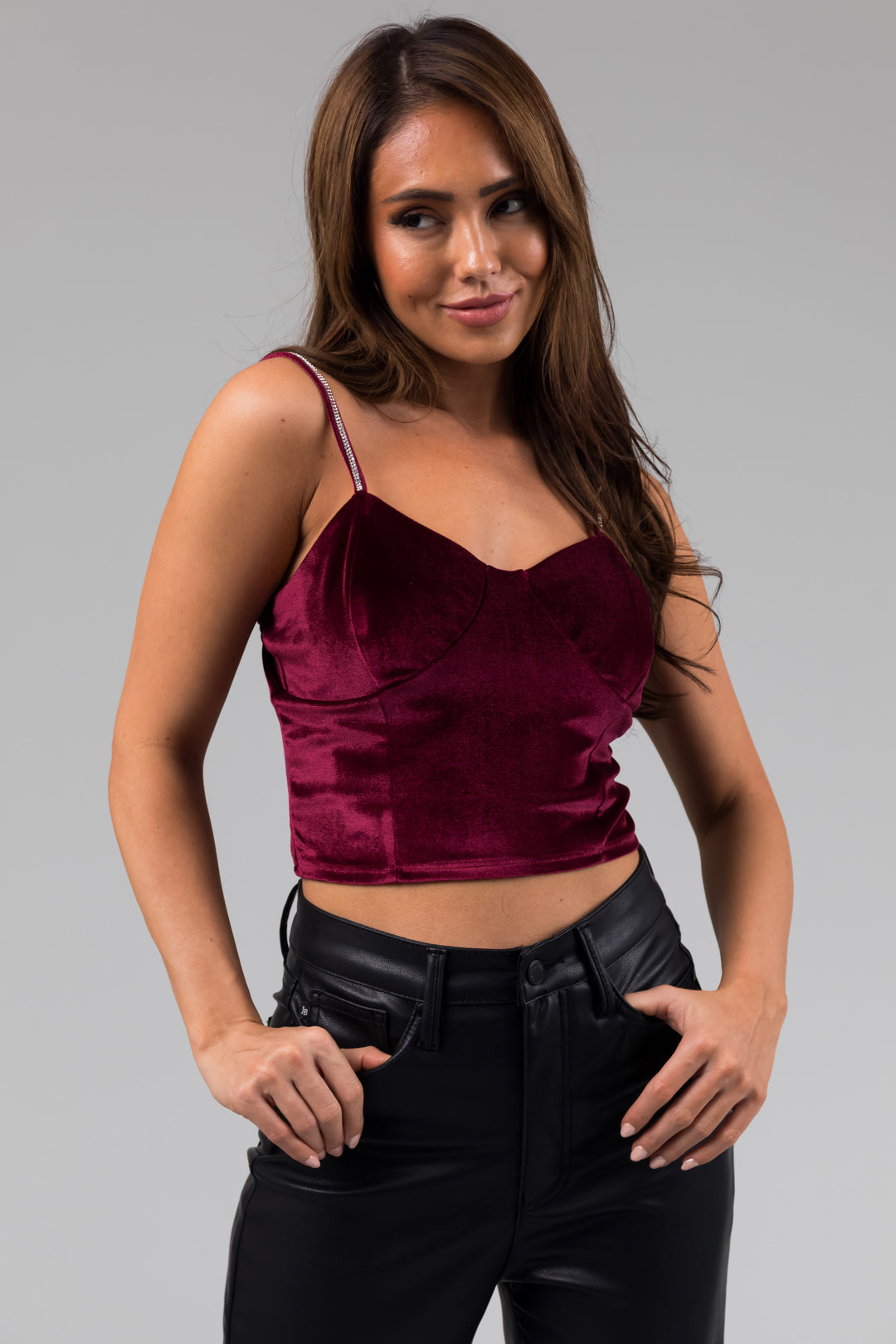 Wine Rhinestone Strap Velvet Bustier Crop Top