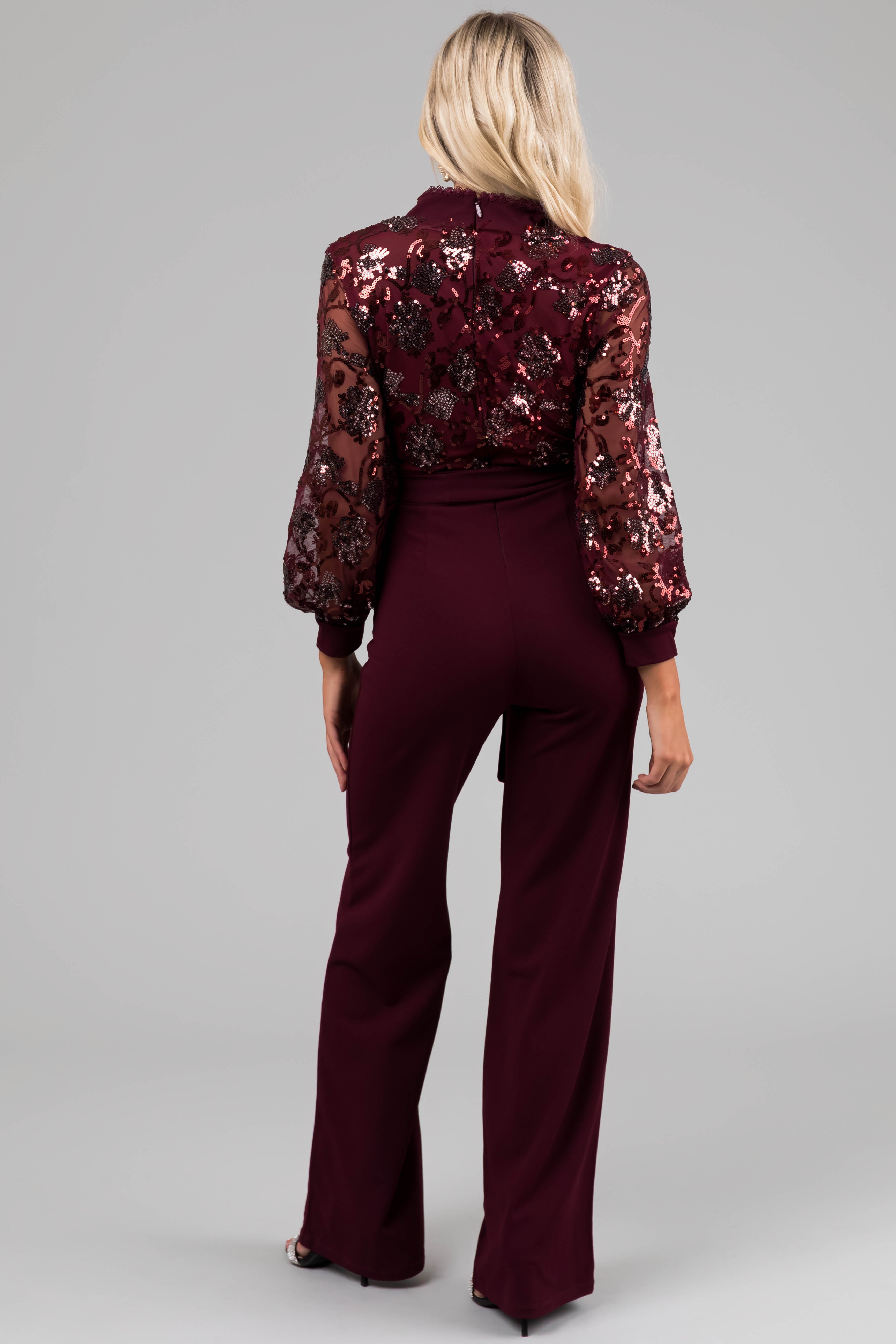 Wine Sequin Deep V Neck Wide Leg Jumpsuit