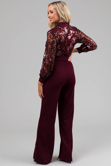 Wine Sequin Deep V Neck Wide Leg Jumpsuit