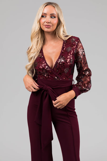 Wine Sequin Deep V Neck Wide Leg Jumpsuit