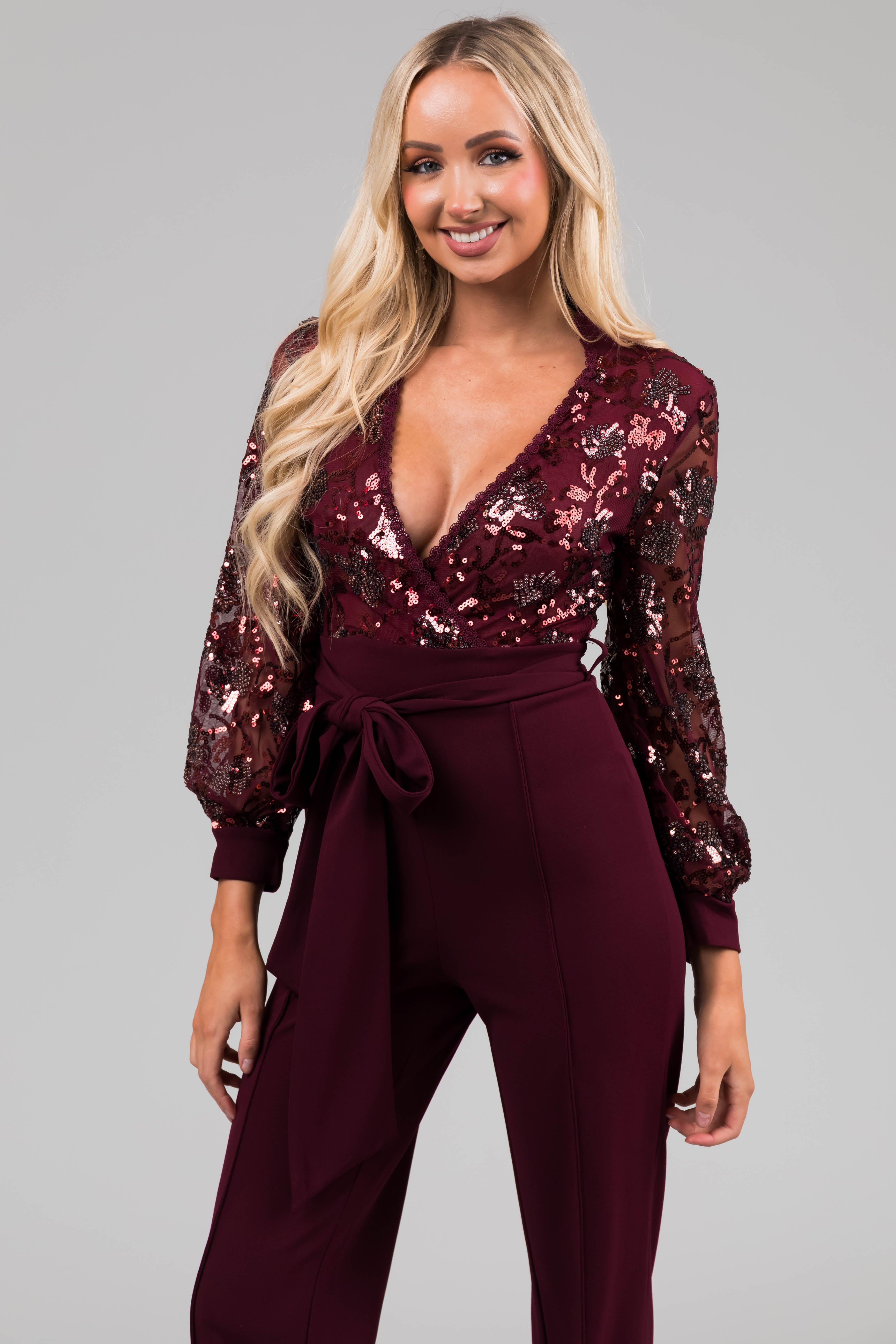 Wine Sequin Deep V Neck Wide Leg Jumpsuit