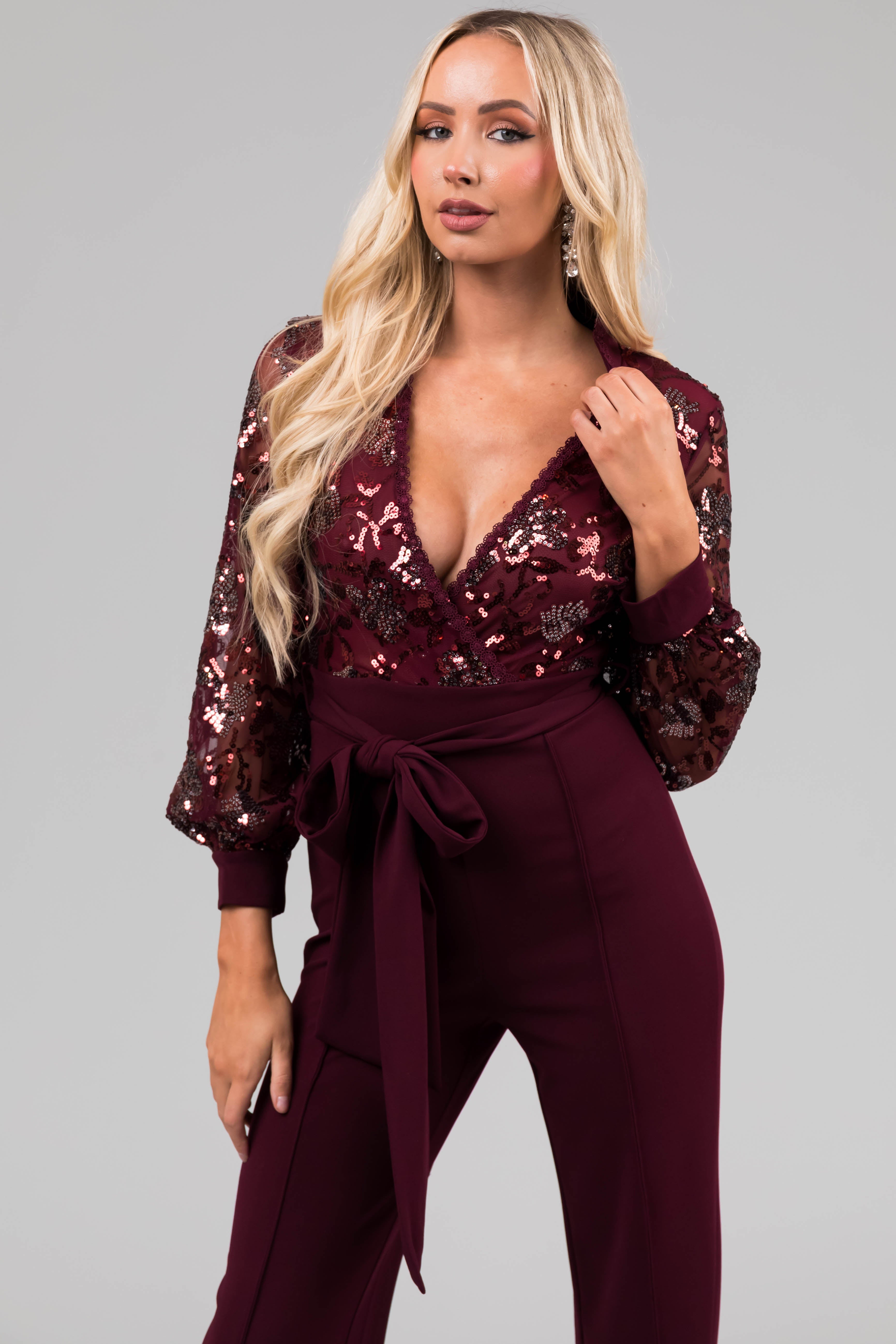 Wine Sequin Deep V Neck Wide Leg Jumpsuit