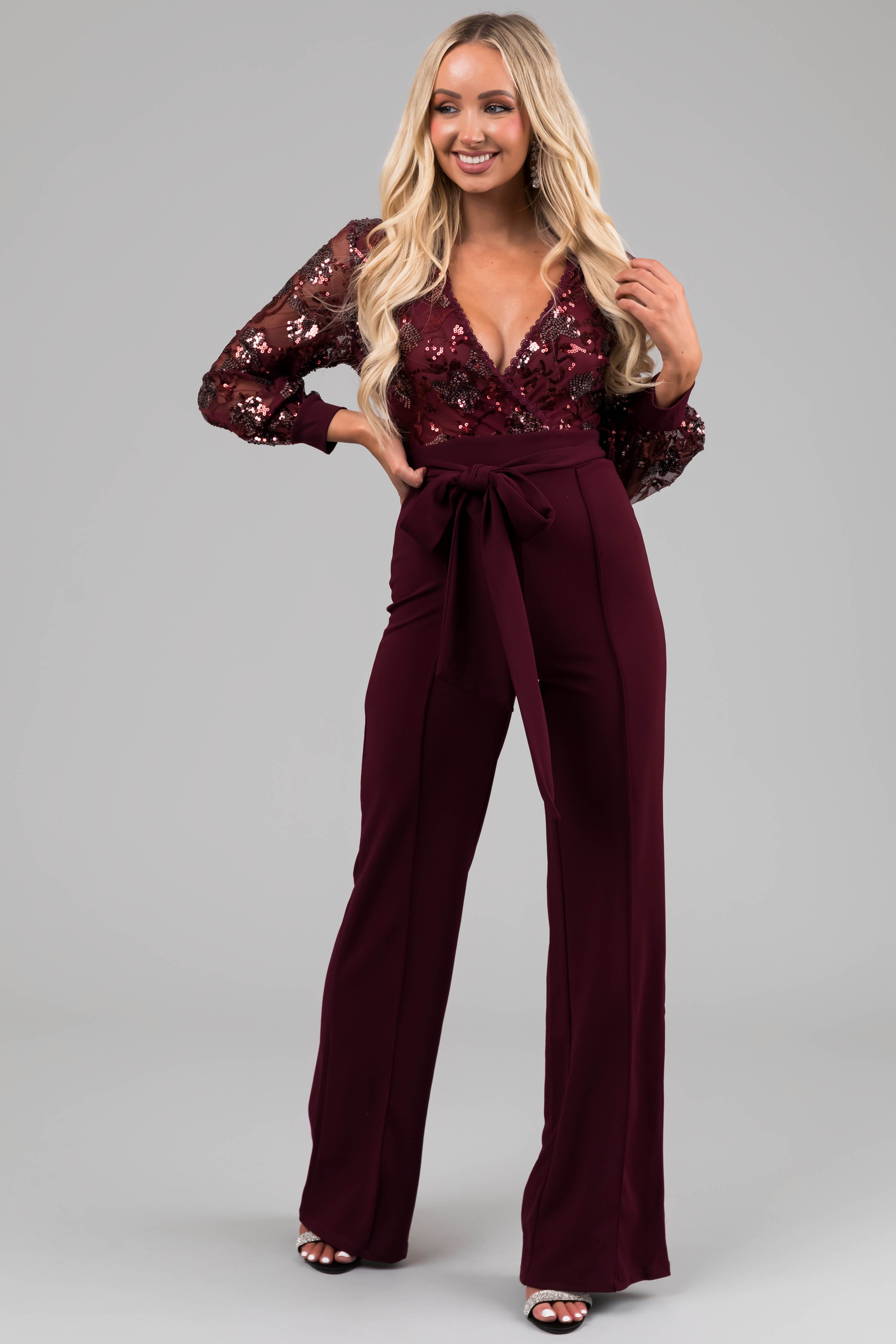 Wine Sequin Deep V Neck Wide Leg Jumpsuit