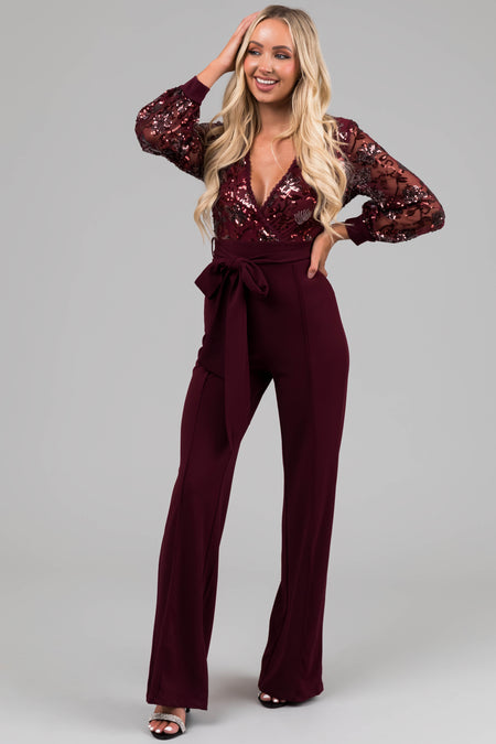 Wine Sequin Deep V Neck Wide Leg Jumpsuit