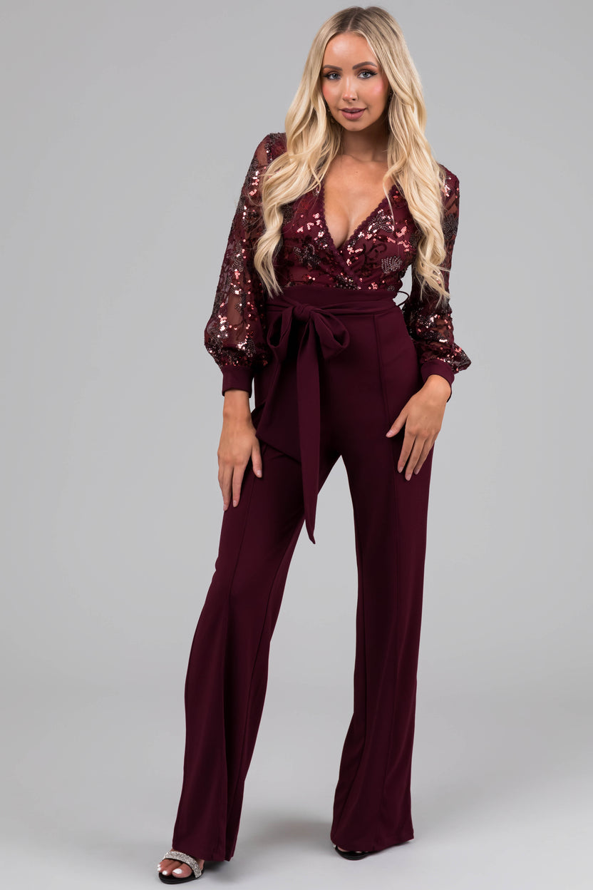 Wine Sequin Deep V Neck Wide Leg Jumpsuit