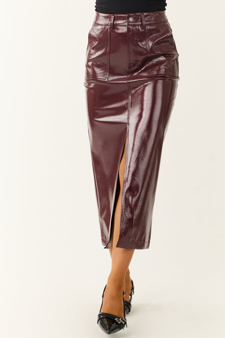 Wine Shiny Faux Leather Front Slit Midi Skirt