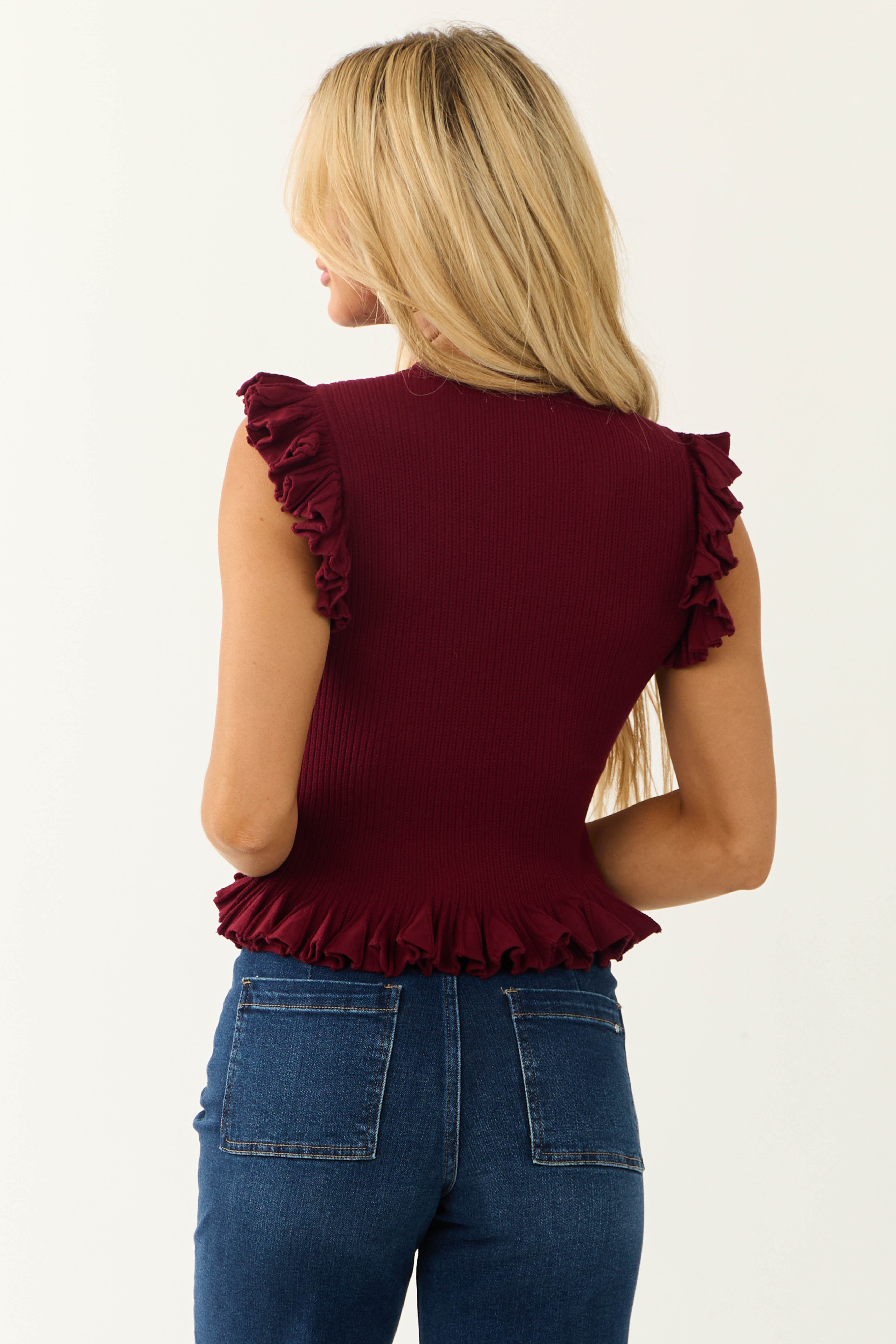 Wine Short Ruffle Sleeve Sweater Knit Top