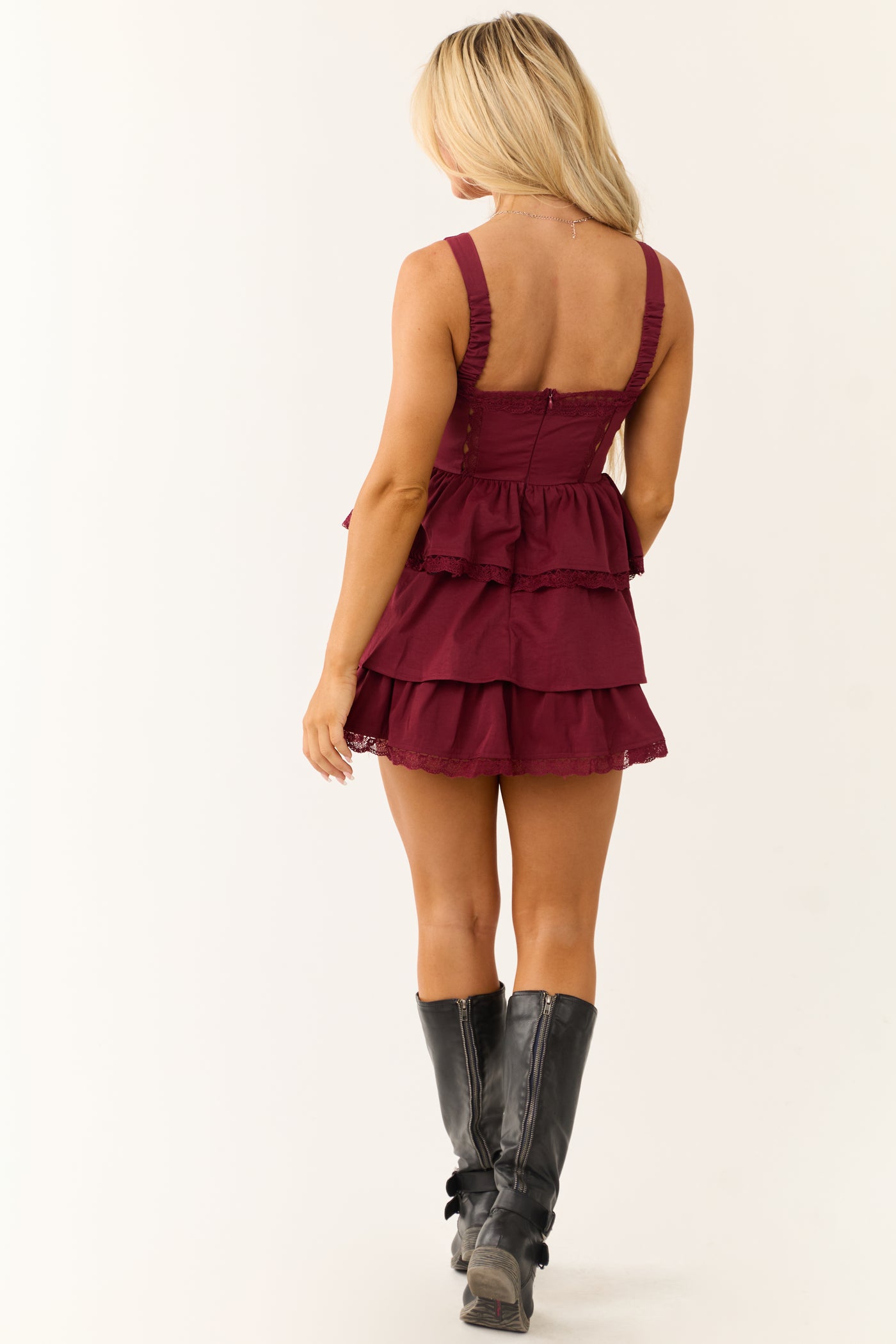 Wine Sleeveless Lace Trim Layered Mini Dress