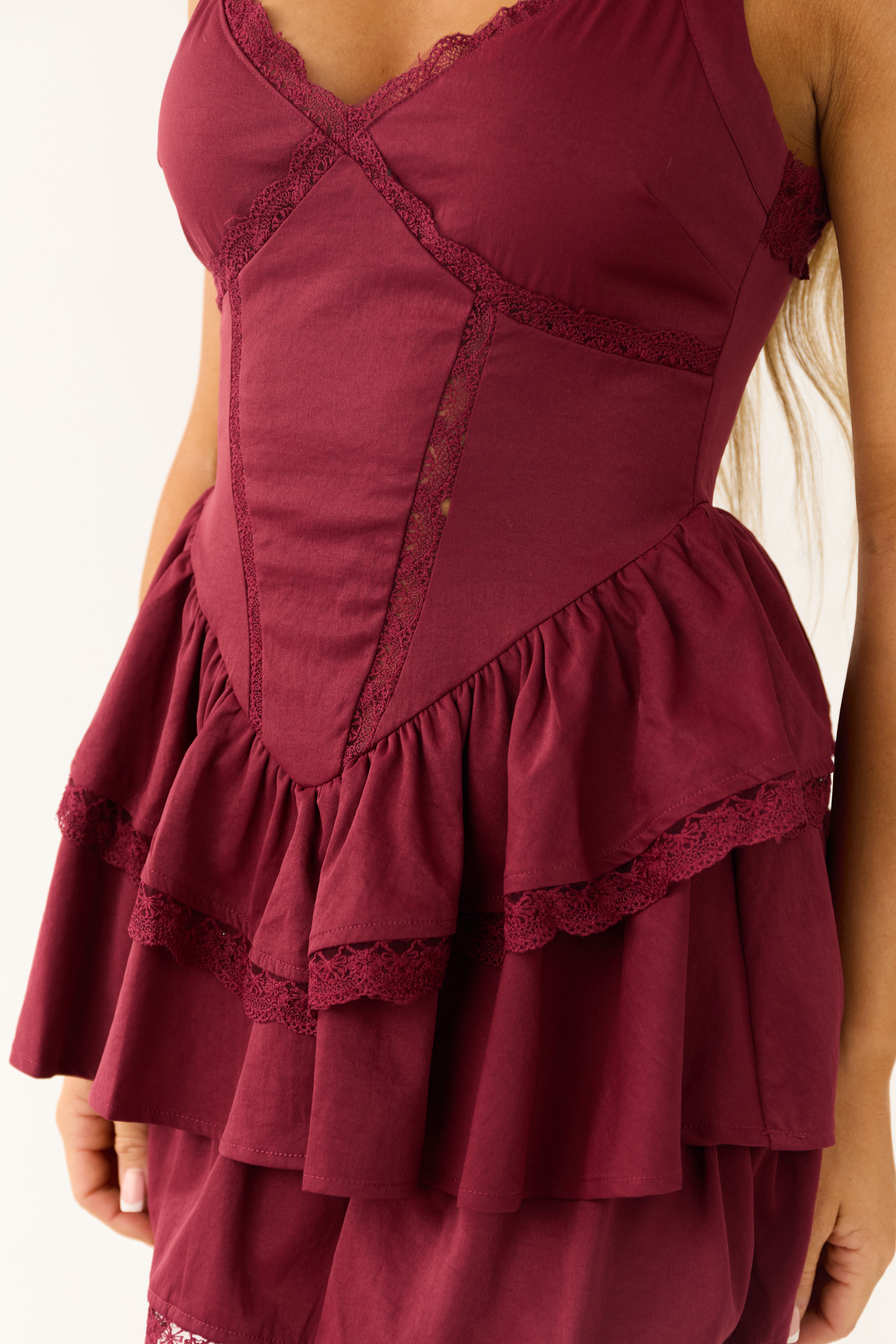 Wine Sleeveless Lace Trim Layered Mini Dress