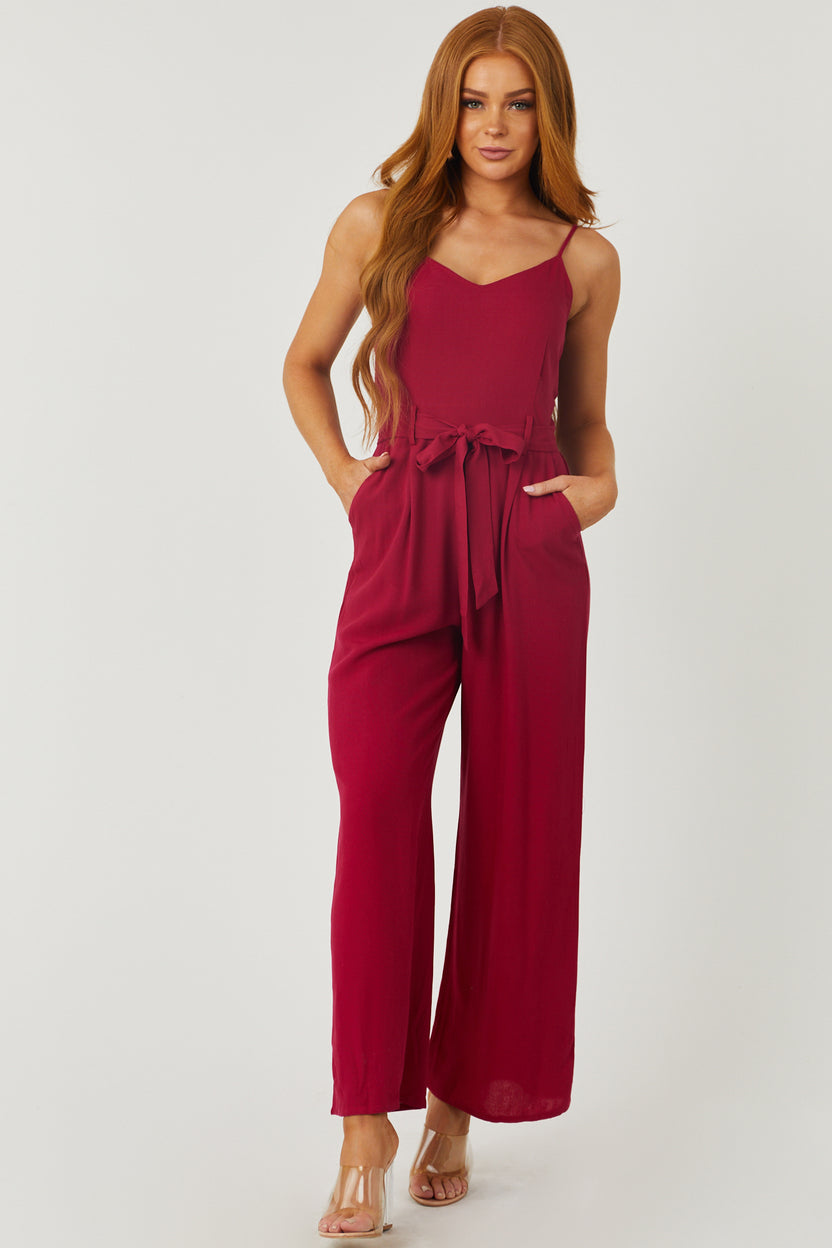 Wine Sleeveless Smocked Jumpsuit with Waist Tie