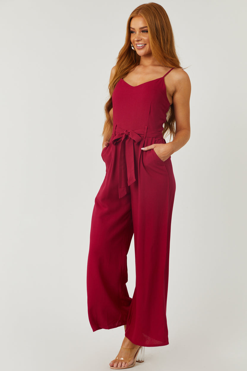 Wine Sleeveless Smocked Jumpsuit with Waist Tie