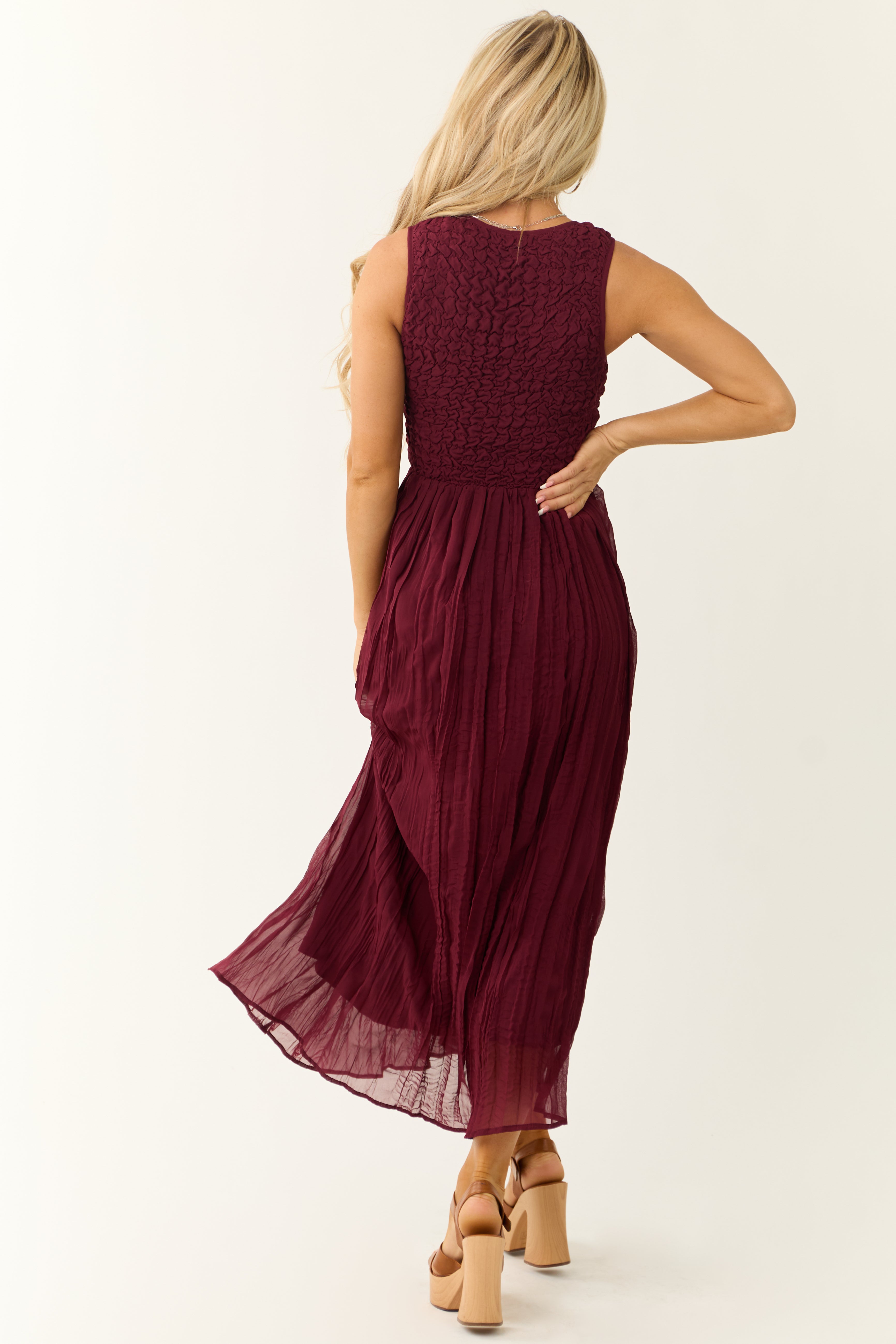 Wine Sleeveless Smocked Scoop Neck Maxi Dress