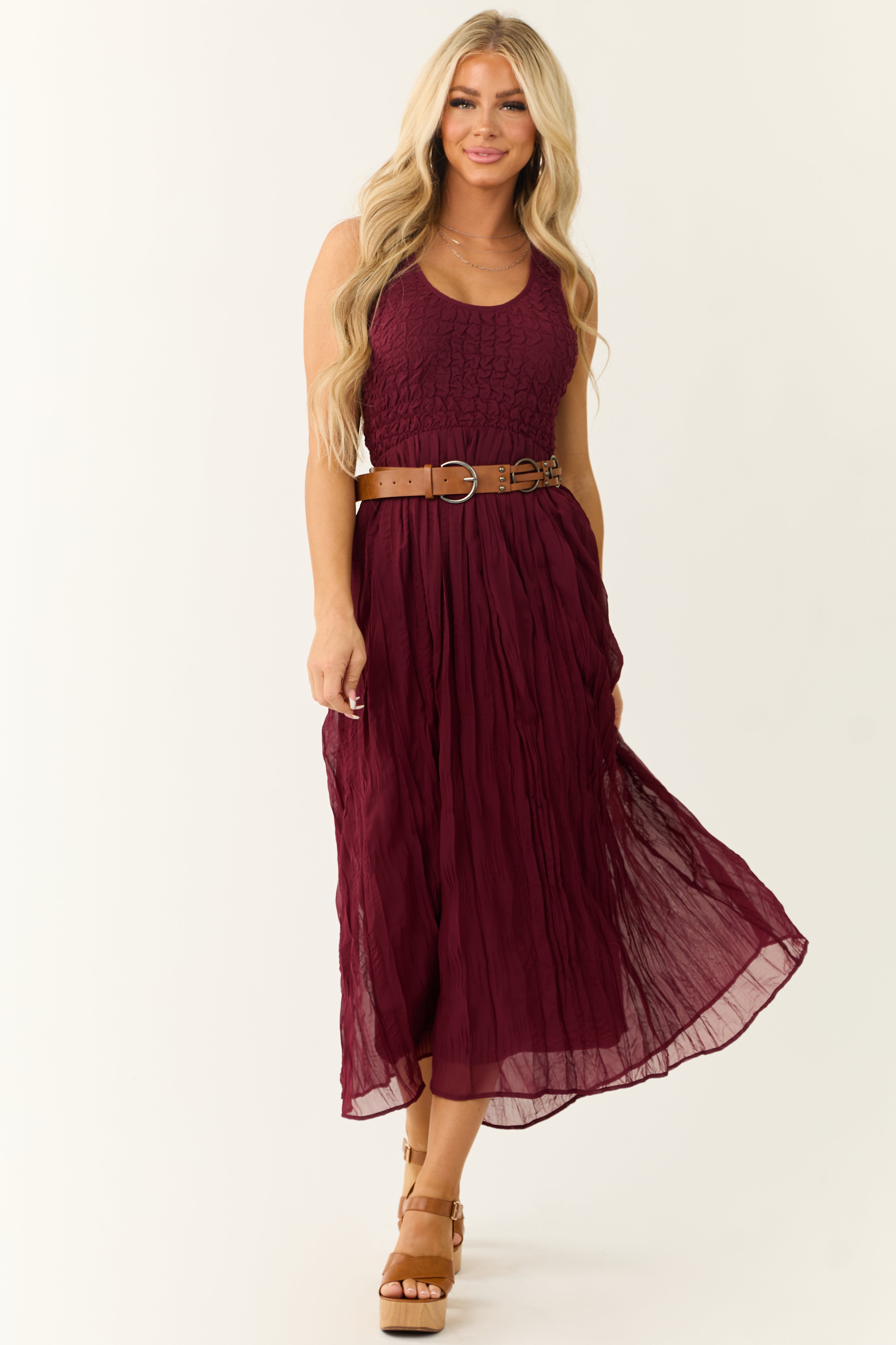 Wine Sleeveless Smocked Scoop Neck Maxi Dress