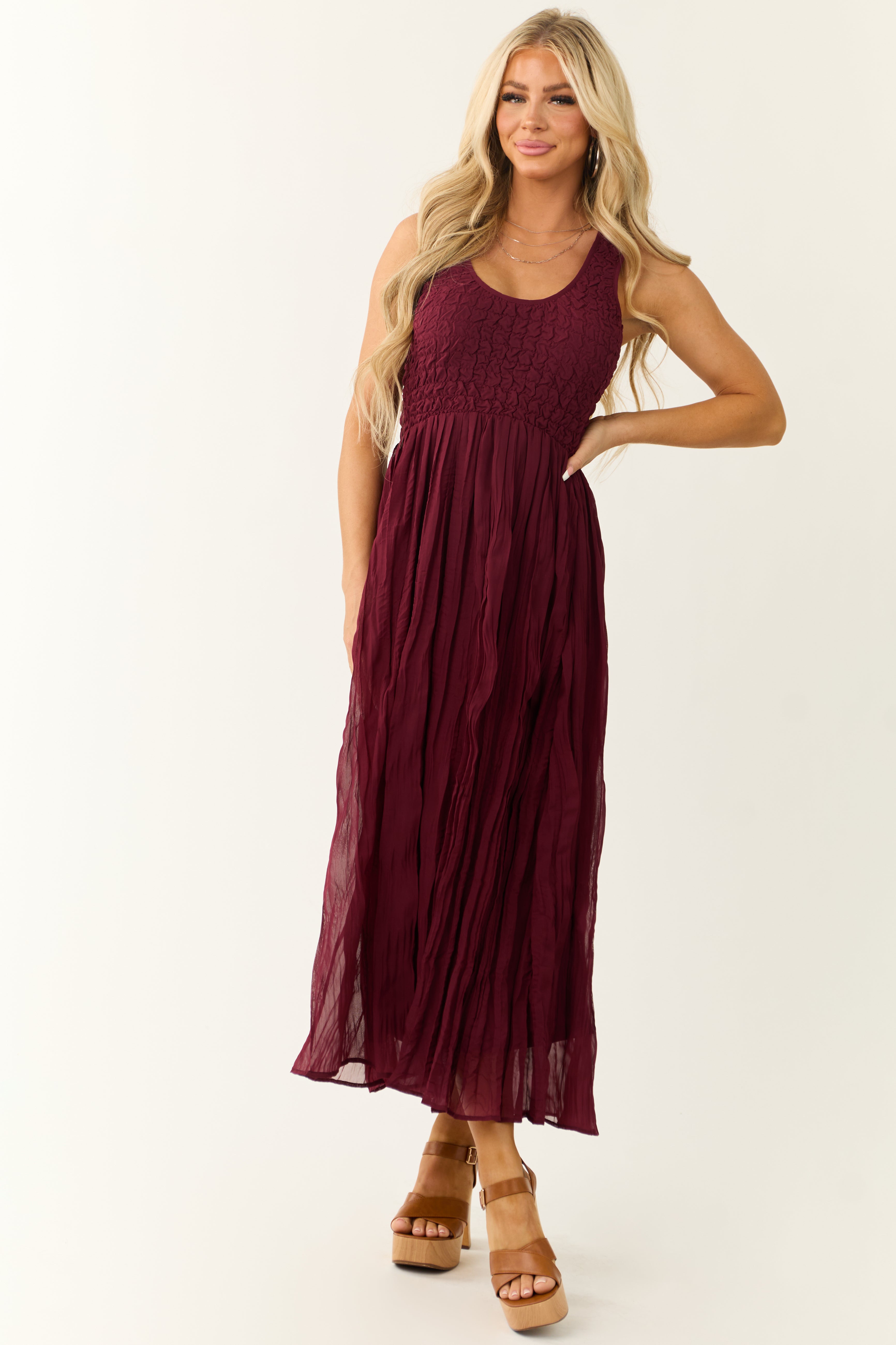 Wine Sleeveless Smocked Scoop Neck Maxi Dress