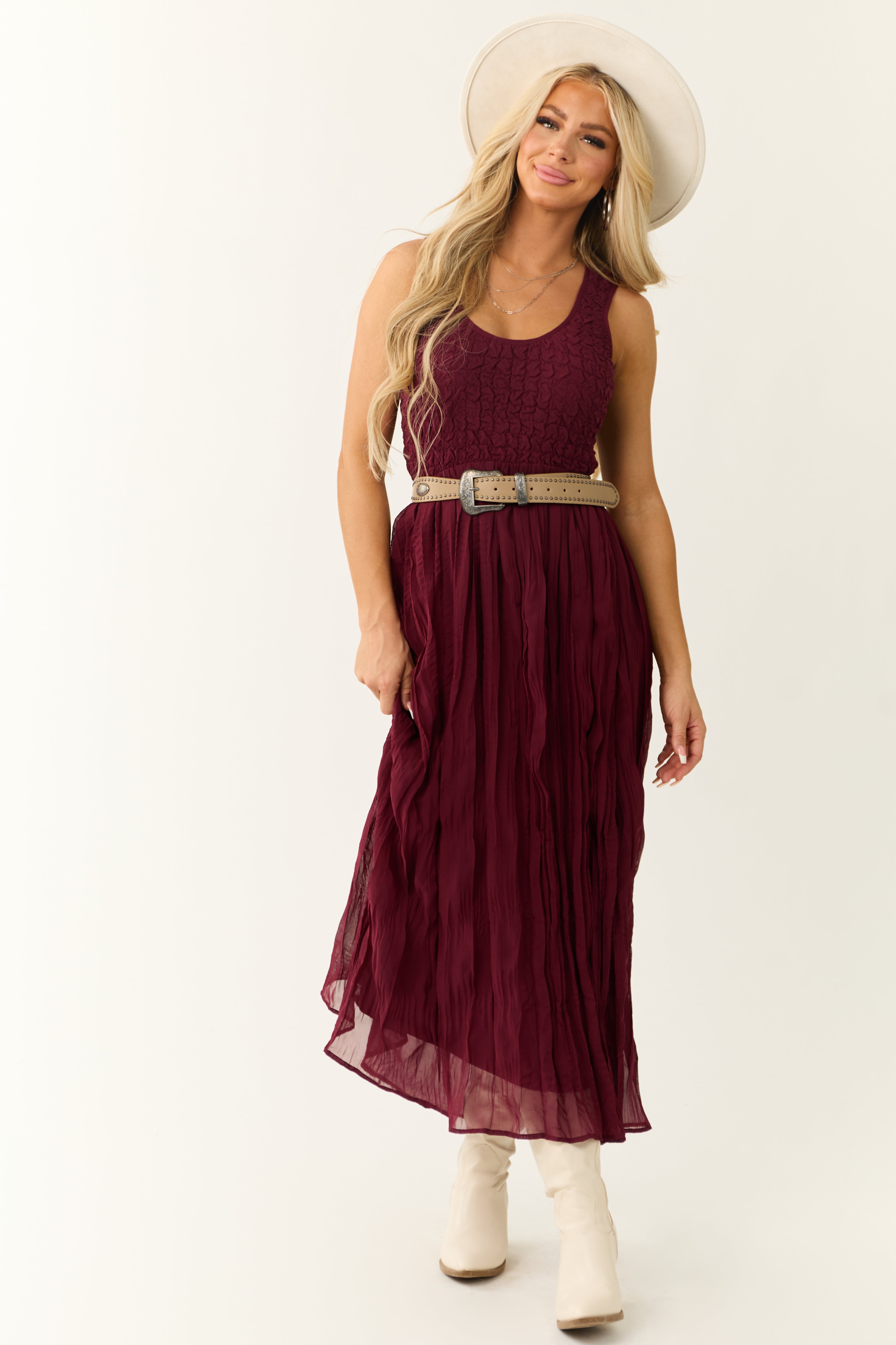 Wine Sleeveless Smocked Scoop Neck Maxi Dress