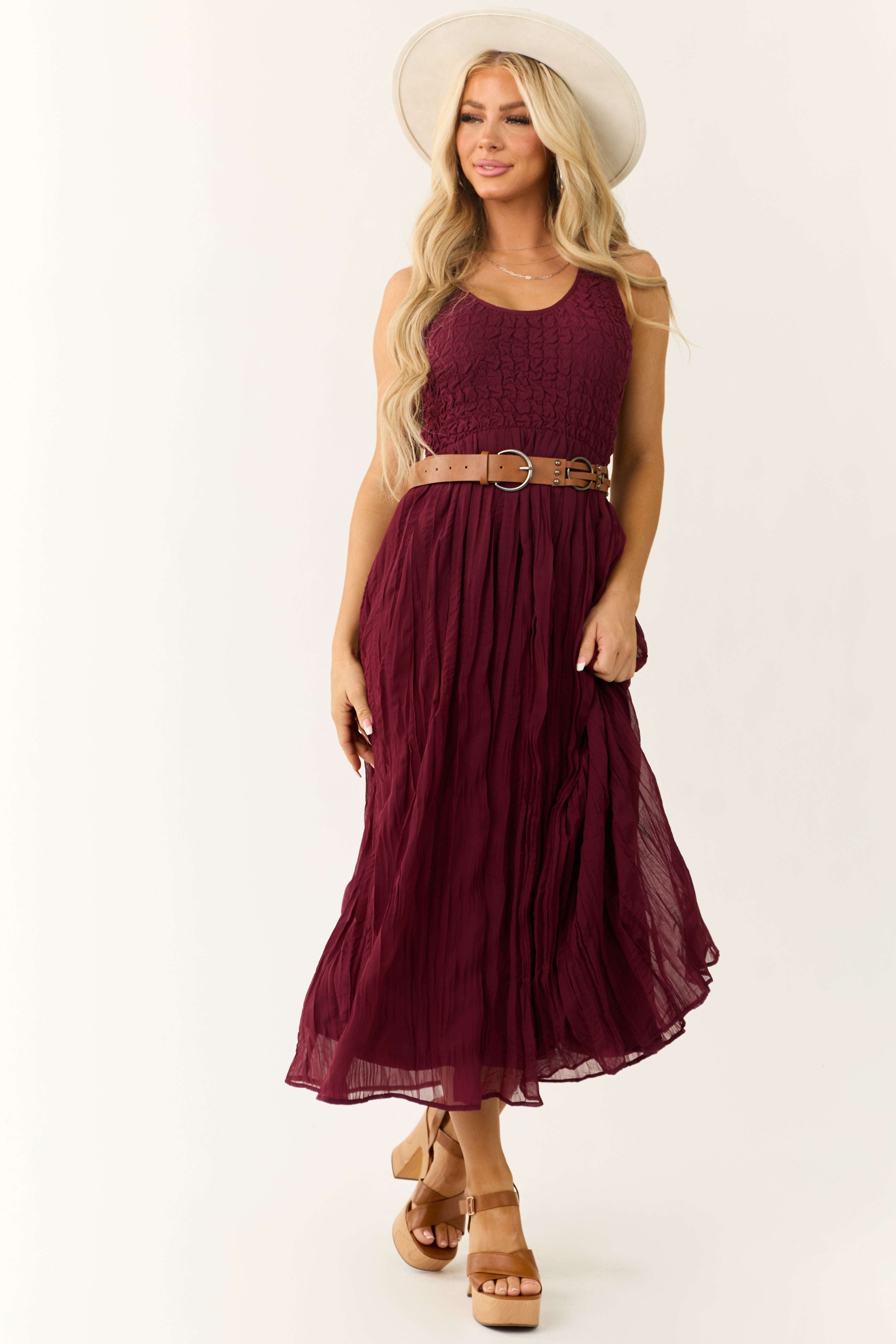 Wine Sleeveless Smocked Scoop Neck Maxi Dress