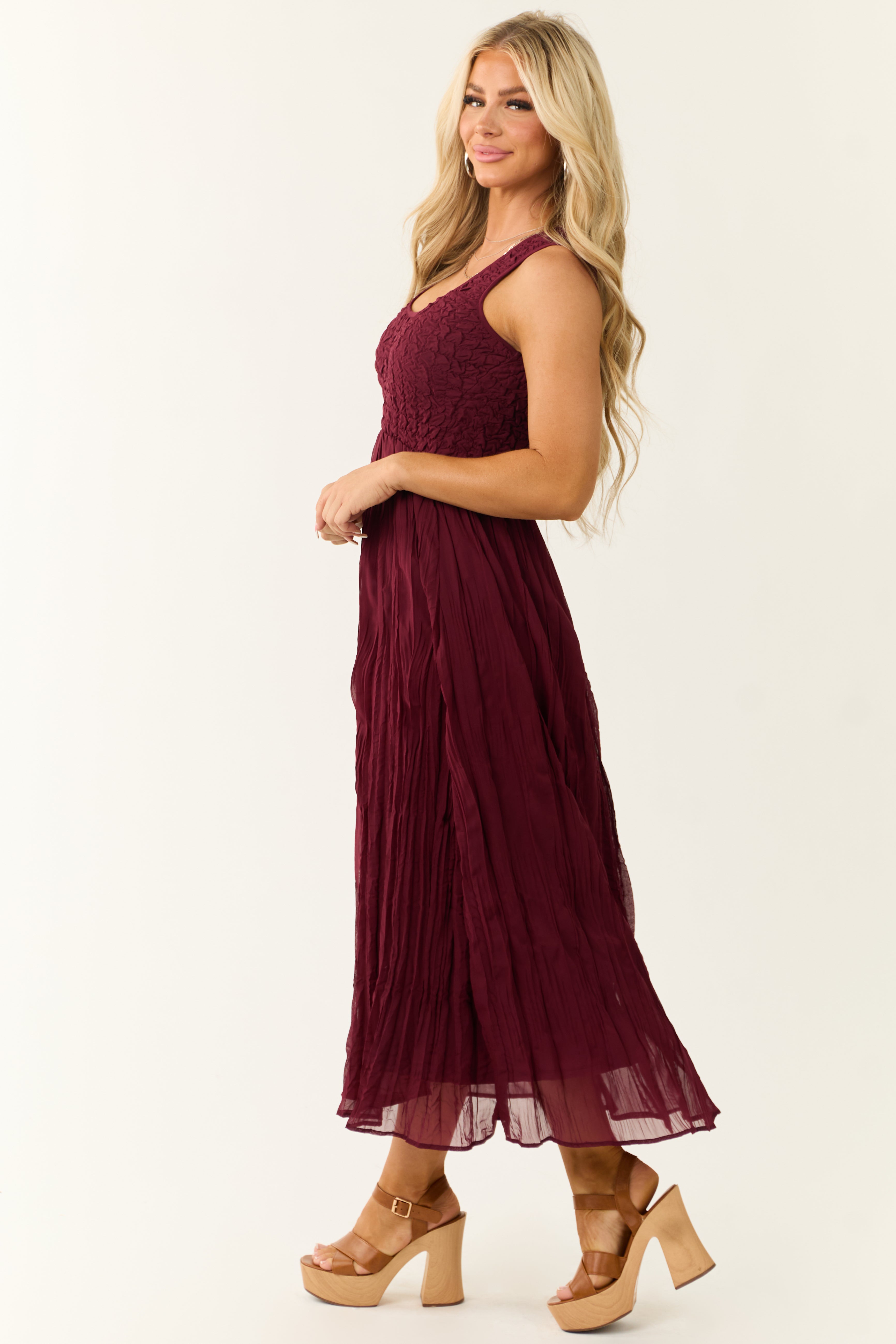 Wine Sleeveless Smocked Scoop Neck Maxi Dress