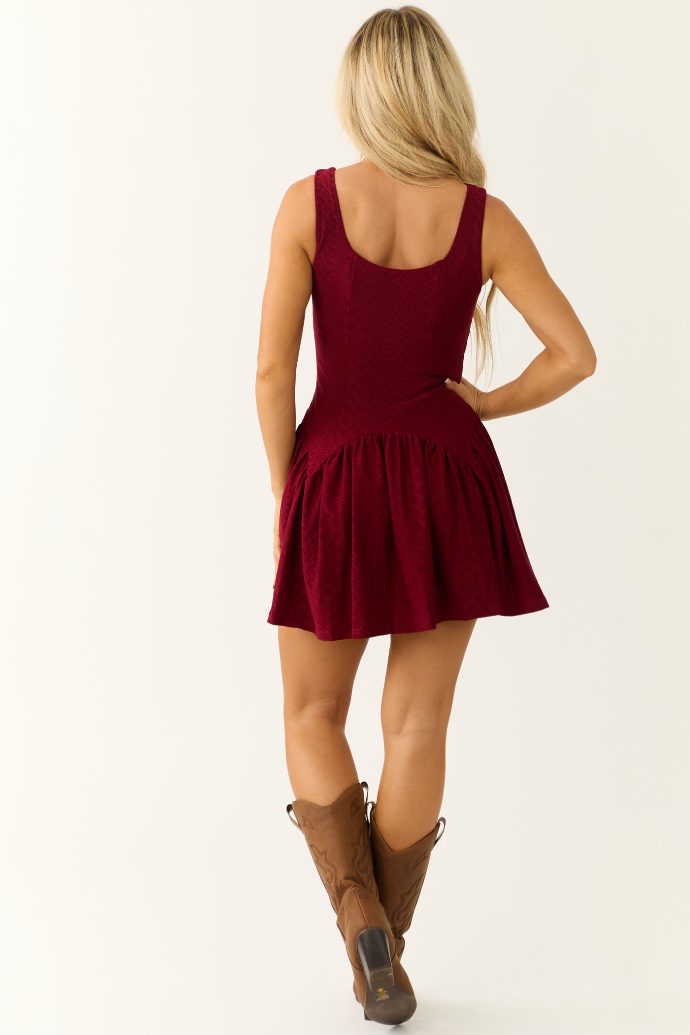 Wine Sleeveless Textured Knit Short Dress