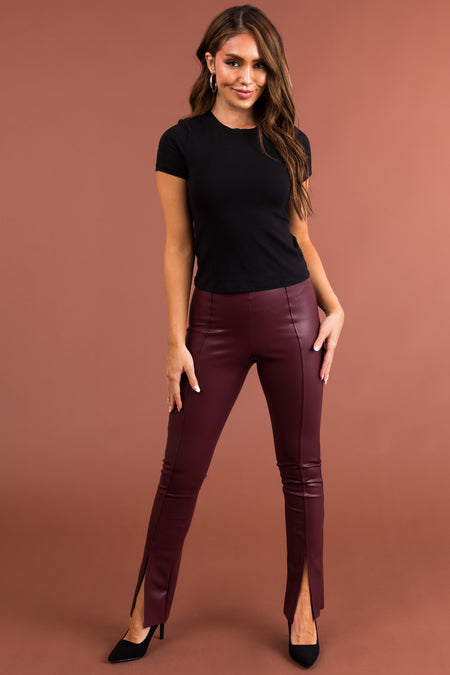 Wine Slit Hem Faux Leather Leggings