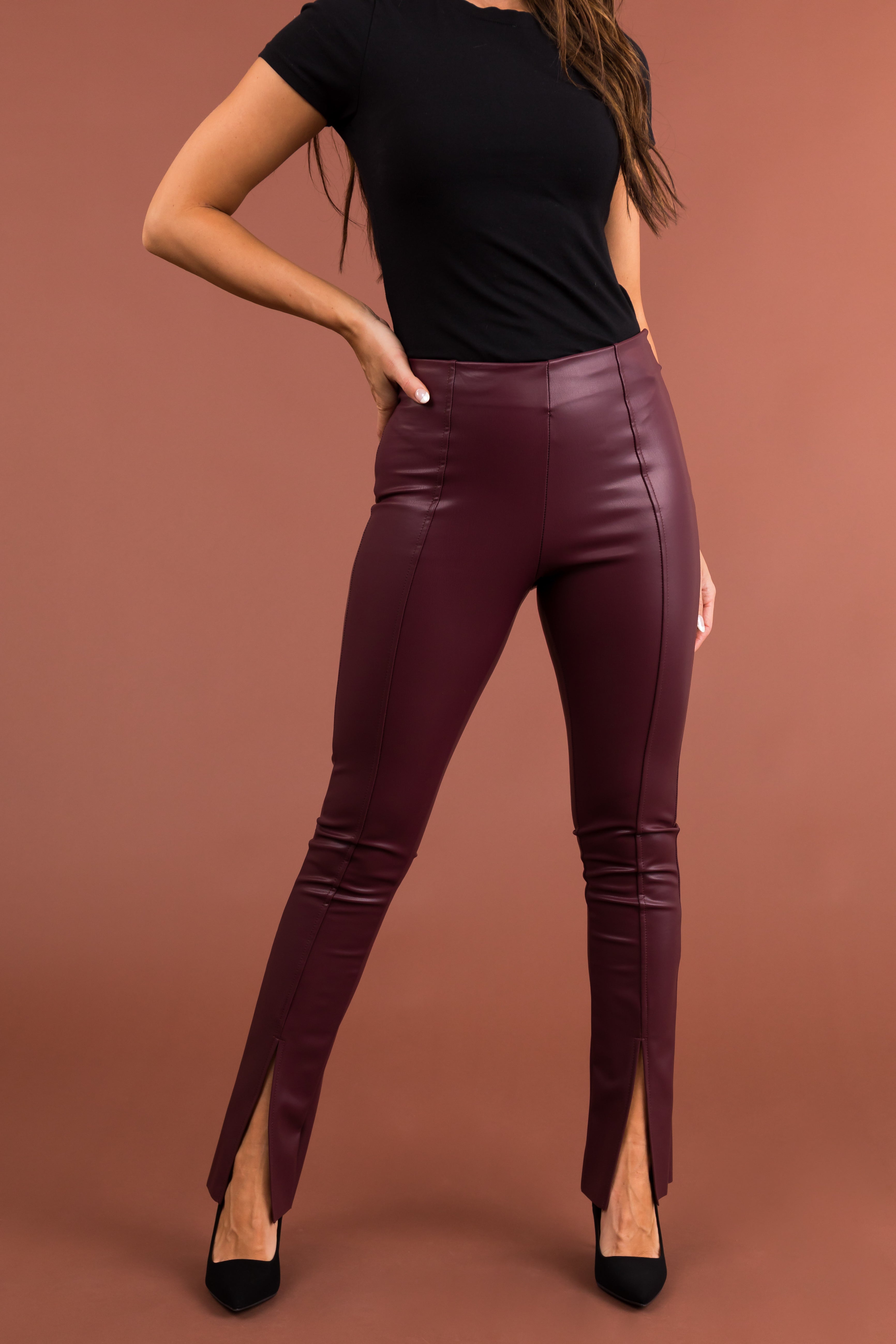 Wine Slit Hem Faux Leather Leggings