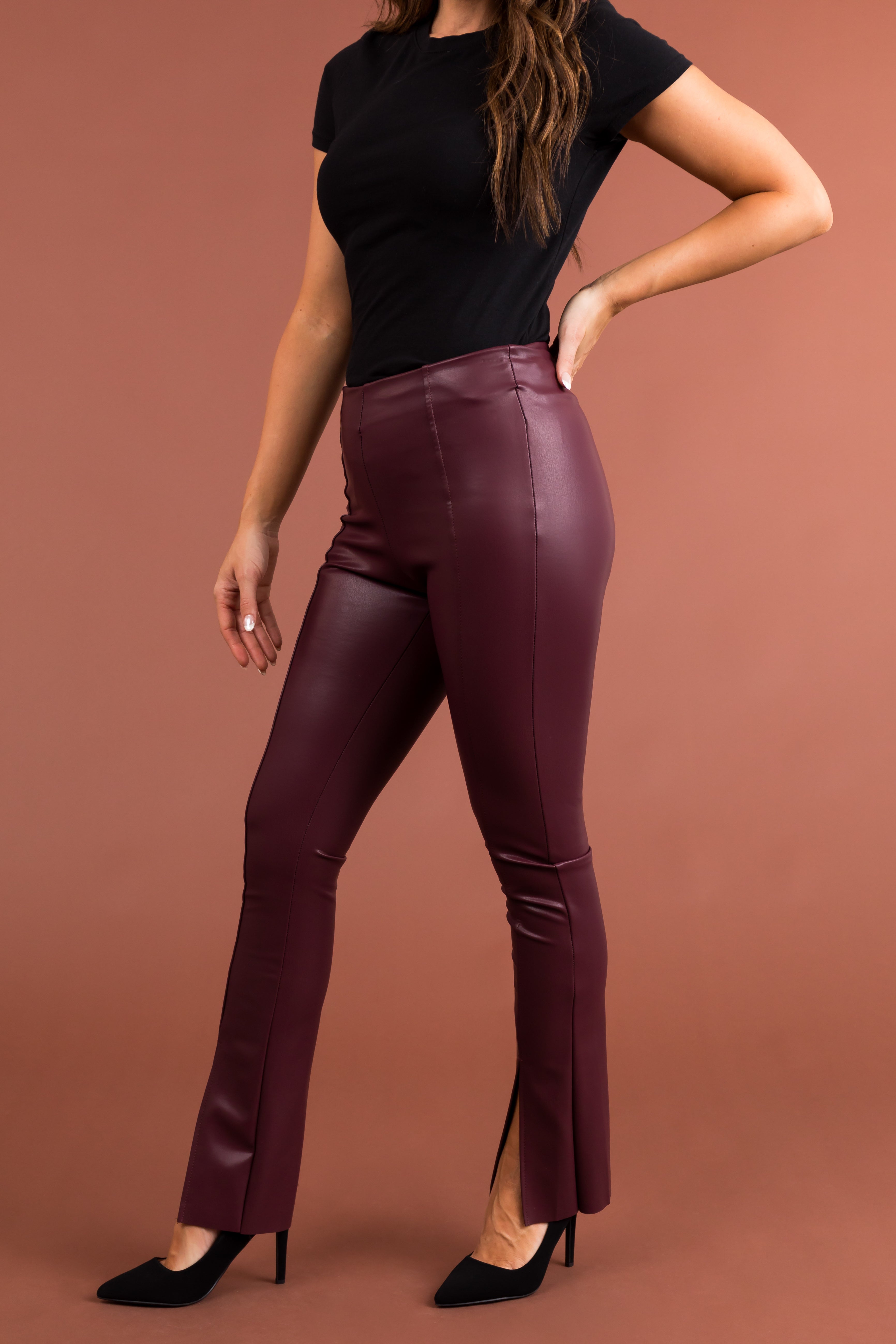 Wine Slit Hem Faux Leather Leggings