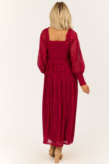 Wine Smocked Bubble Sleeve Lace Maxi Dress