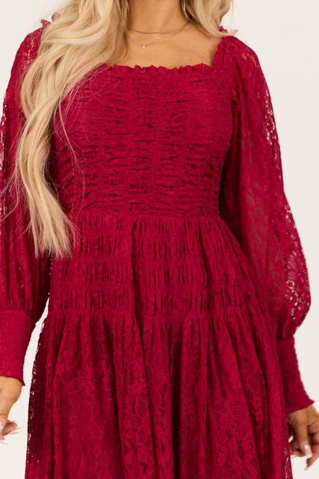 Wine Smocked Bubble Sleeve Lace Maxi Dress