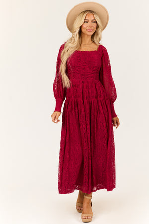 Wine Smocked Bubble Sleeve Lace Maxi Dress