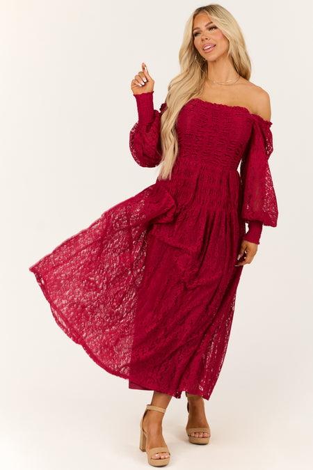 Wine Smocked Bubble Sleeve Lace Maxi Dress