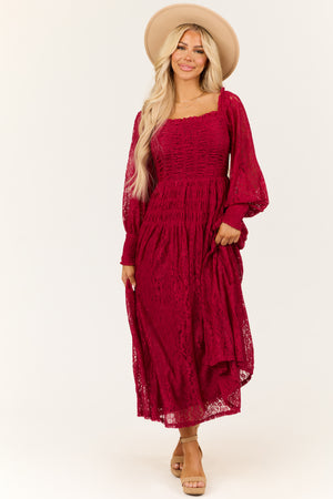 Wine Smocked Bubble Sleeve Lace Maxi Dress