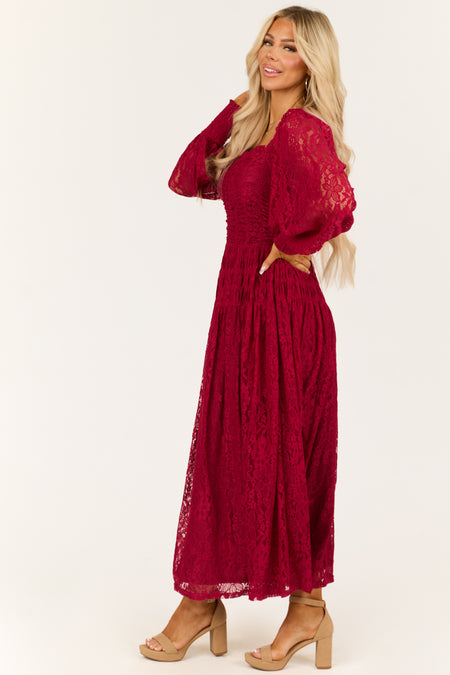 Wine Smocked Bubble Sleeve Lace Maxi Dress