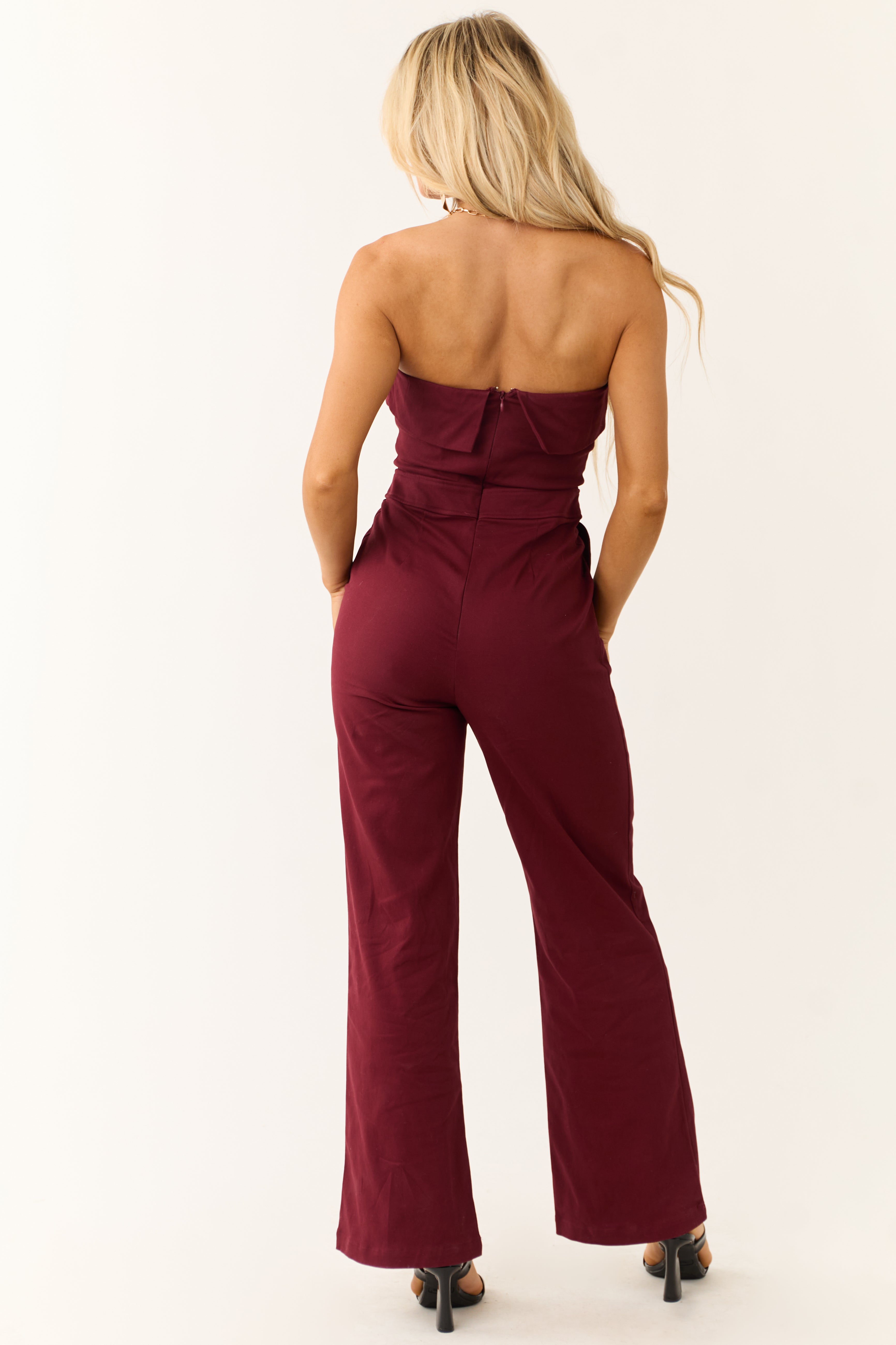 Wine Strapless Zip Up Front Jumpsuit