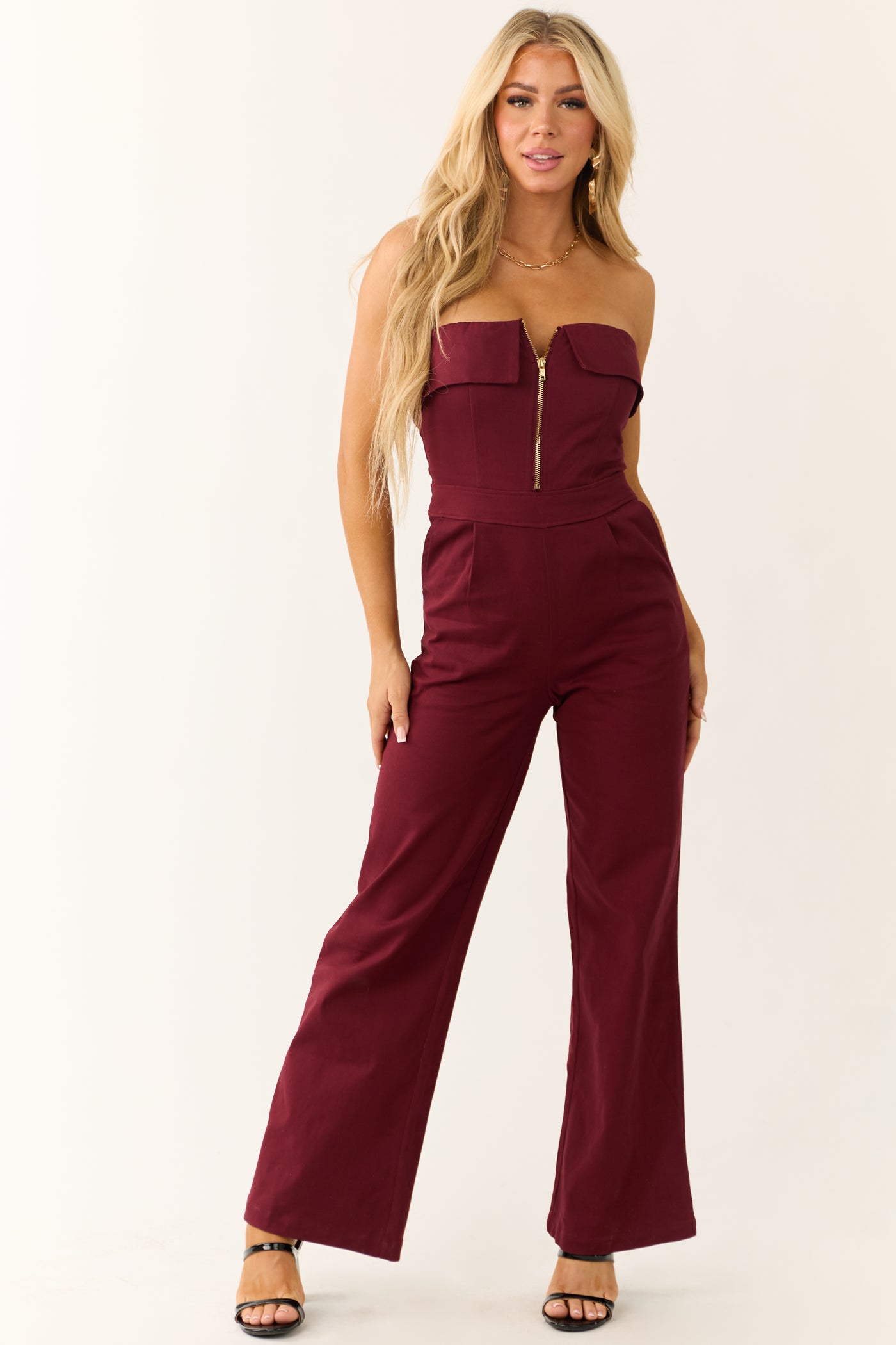 Wine Strapless Zip Up Front Jumpsuit