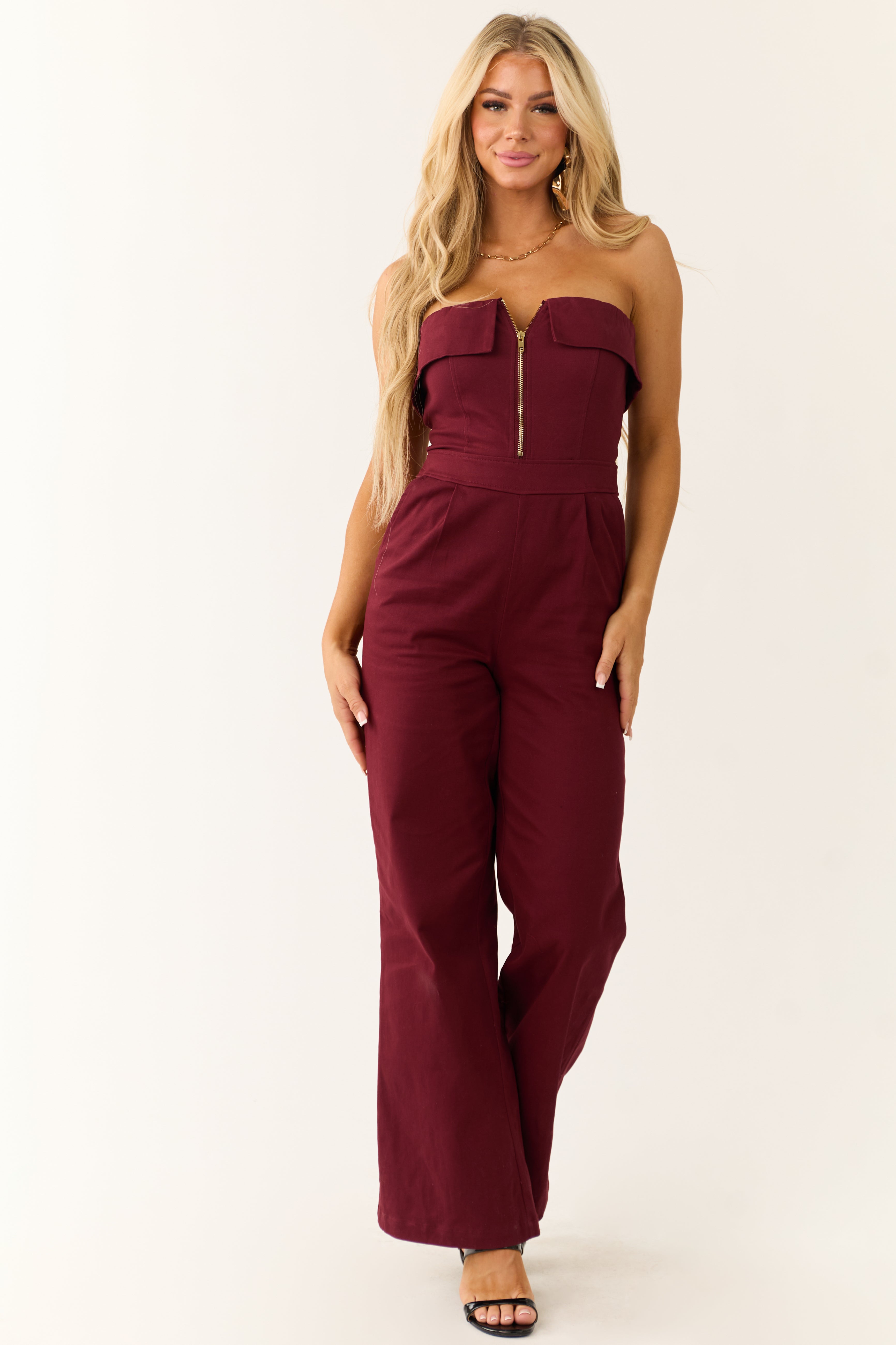 Wine Strapless Zip Up Front Jumpsuit Lime Lush Boutique