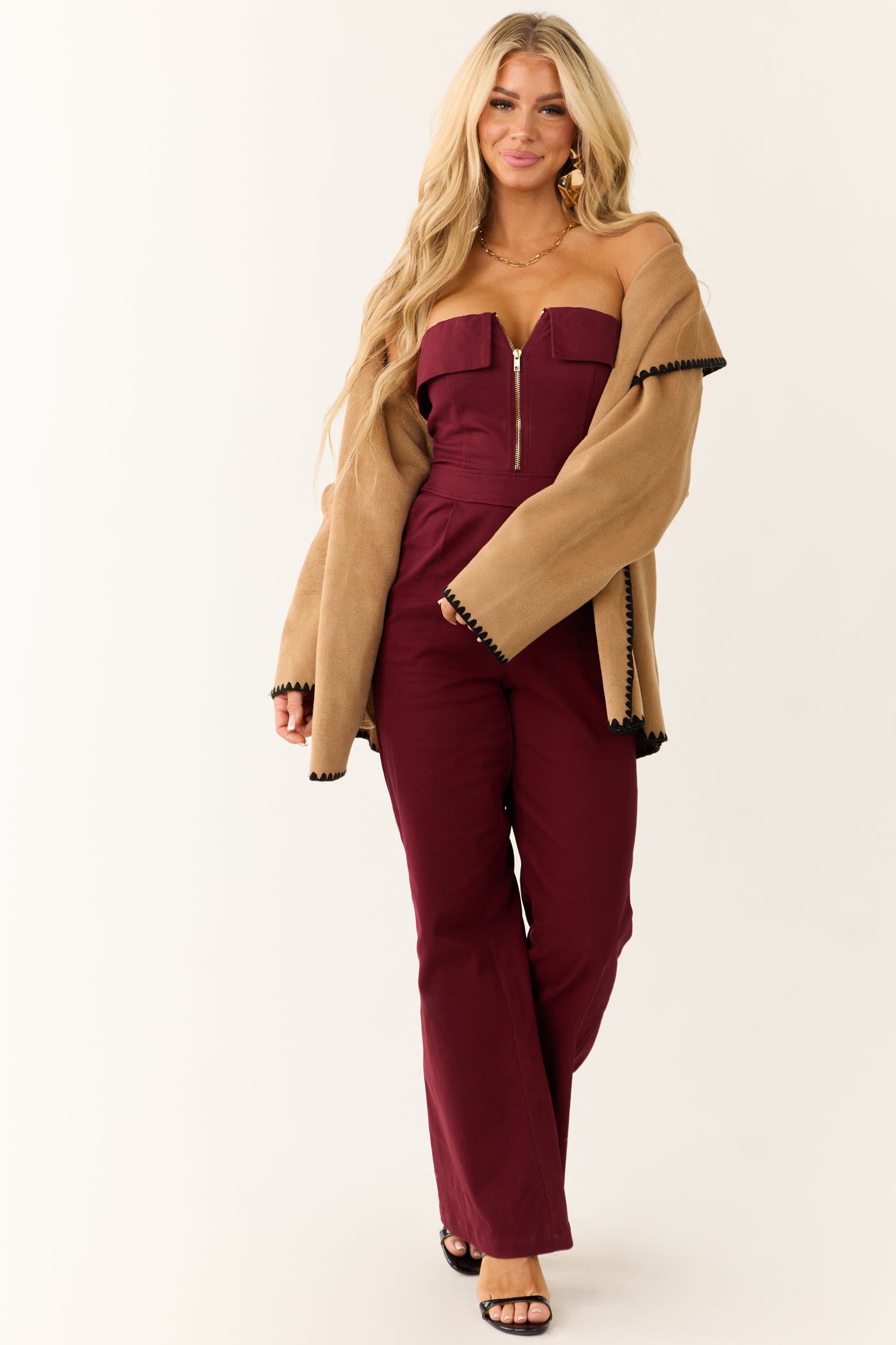 Wine Strapless Zip Up Front Jumpsuit